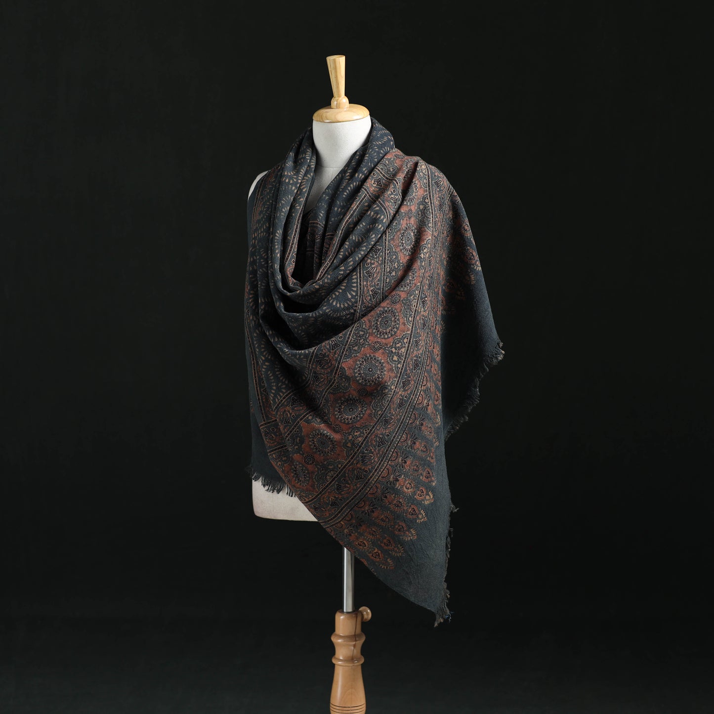 Ajrakh Hand Block Print Natural Dyed Handwoven Acrylic Wool Shawl 26