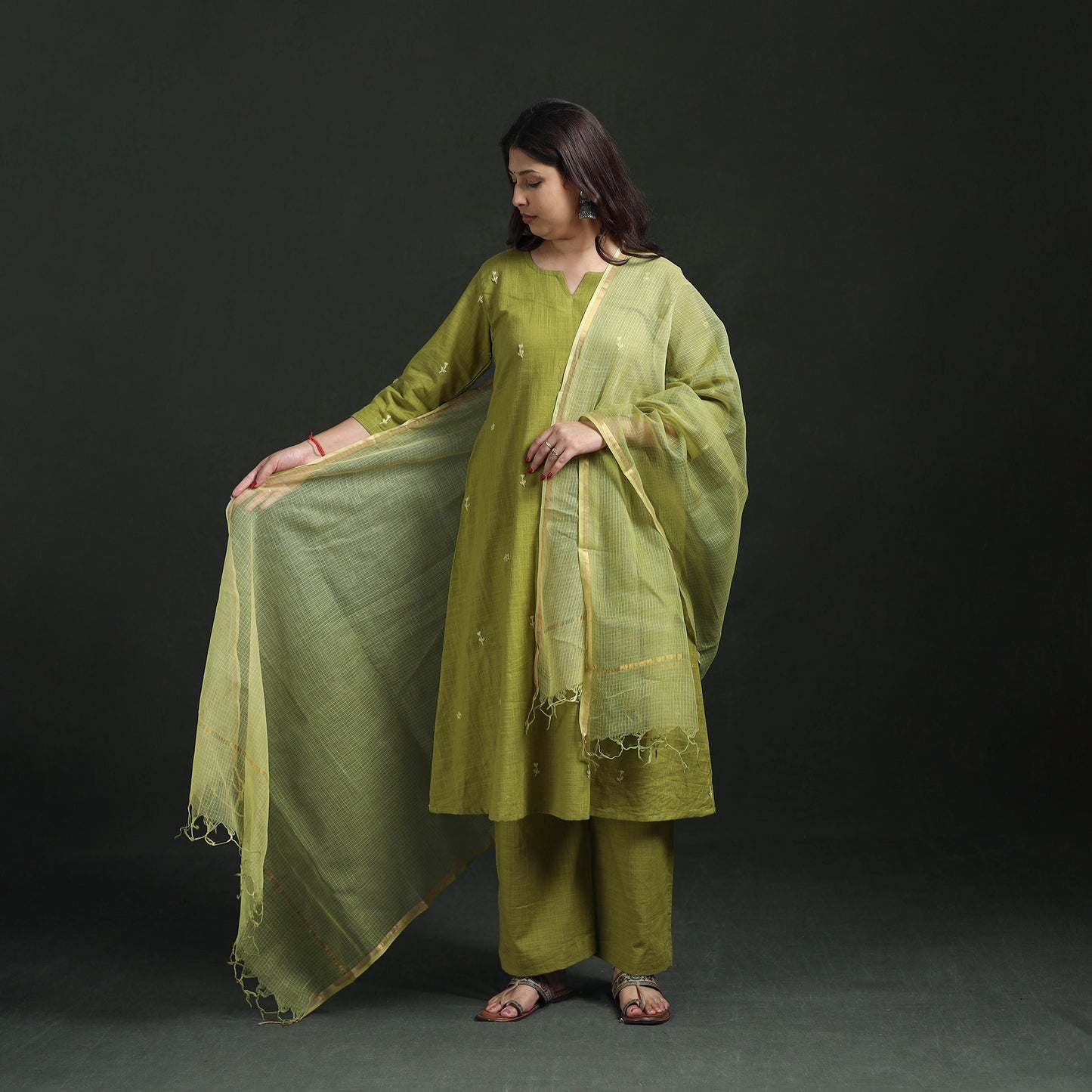 Plain Slub Cotton Hand Embroidered Suit Set with Dupatta for women 05