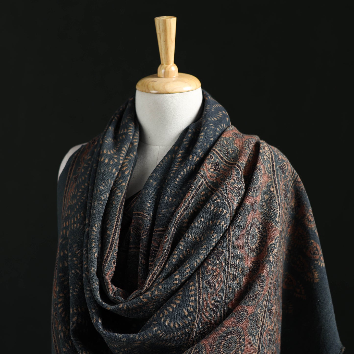 Ajrakh Hand Block Print Natural Dyed Handwoven Acrylic Wool Shawl 26