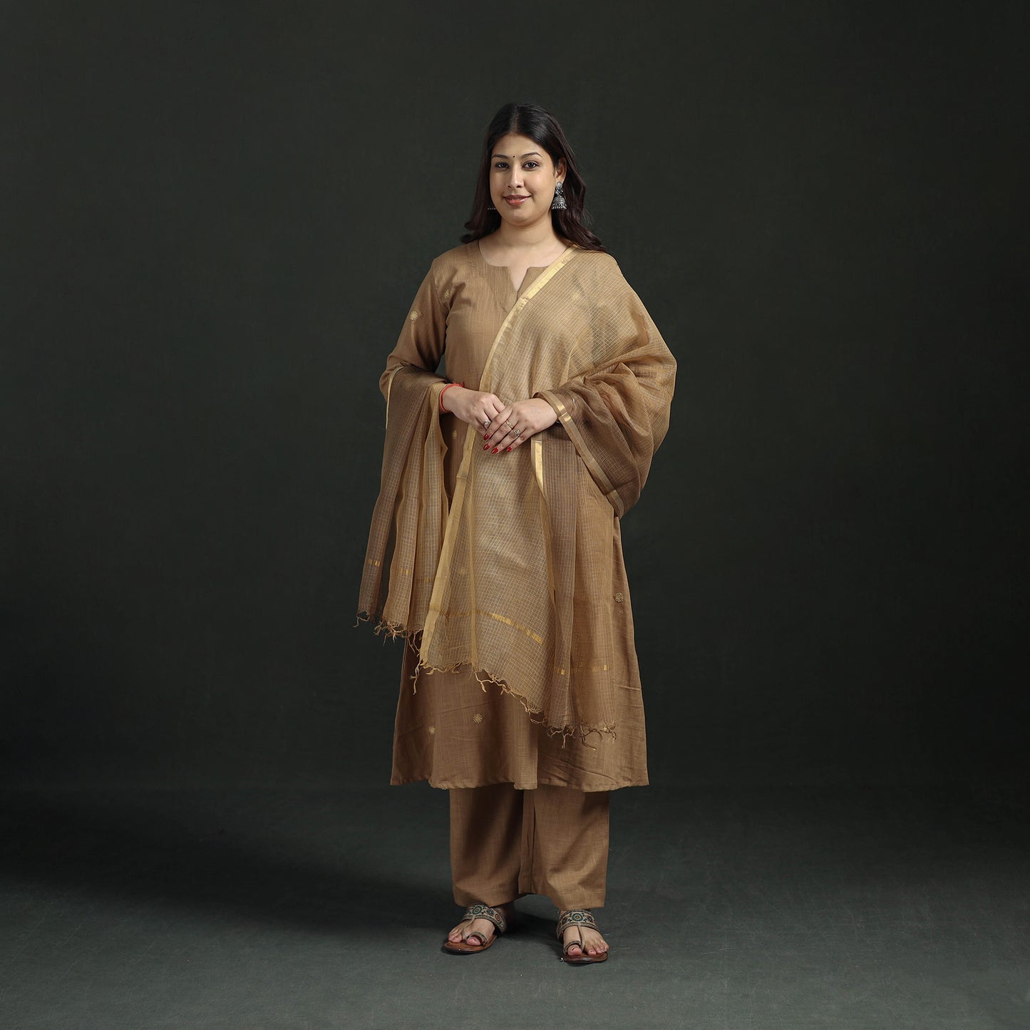 Plain Slub Cotton Hand Embroidered Suit Set with Dupatta for women 04