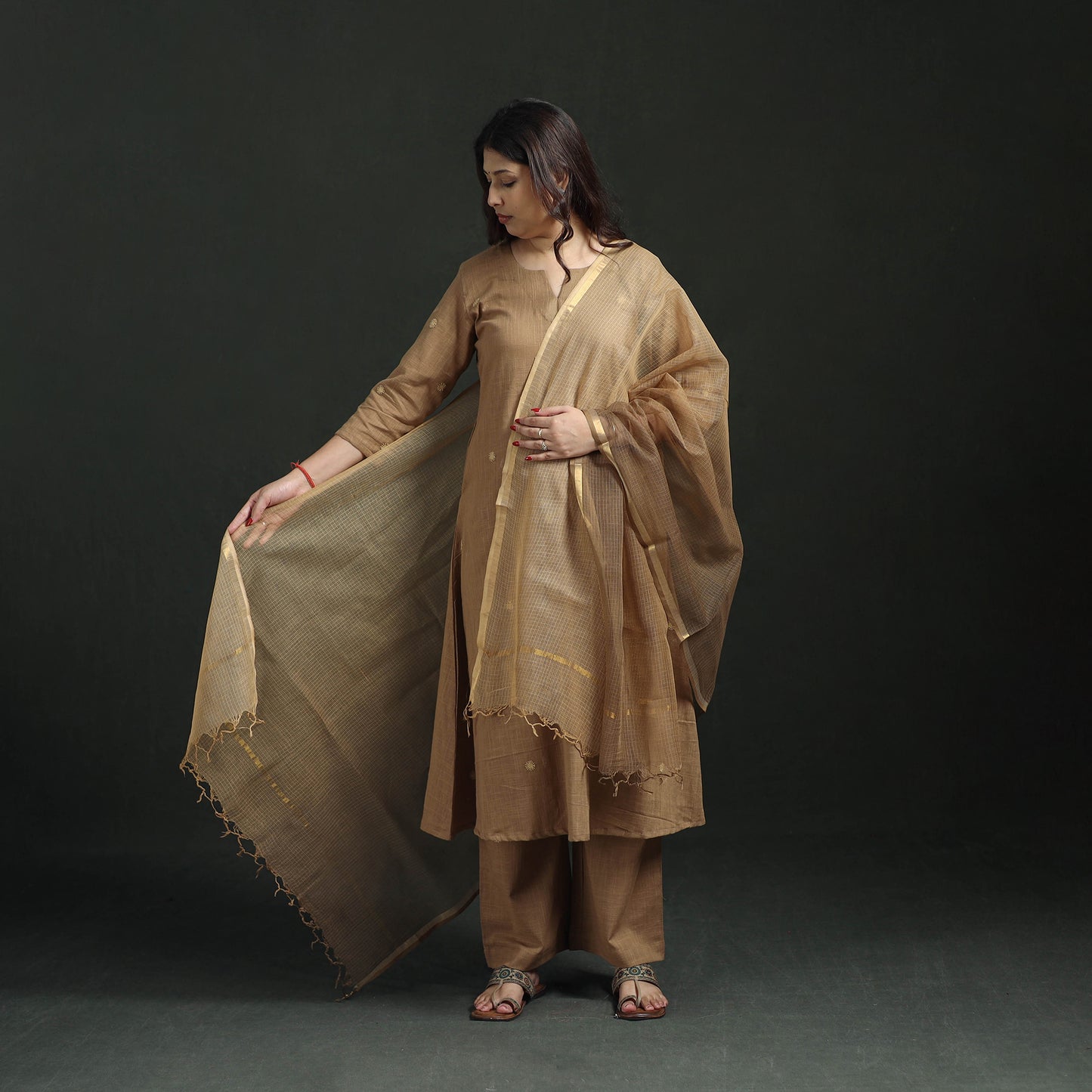 Plain Slub Cotton Hand Embroidered Suit Set with Dupatta for women 04
