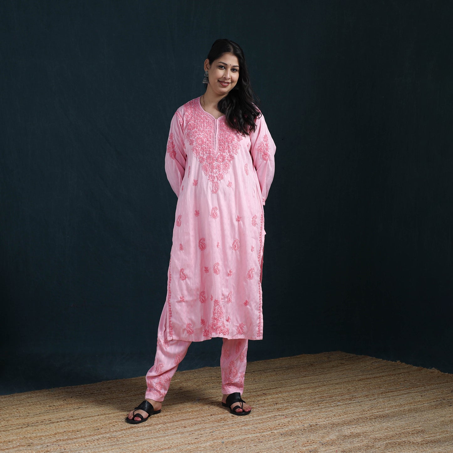 Pink - Hand Embroidered Rayon Cotton Chikankari Kurta with Pant Set for Women 18