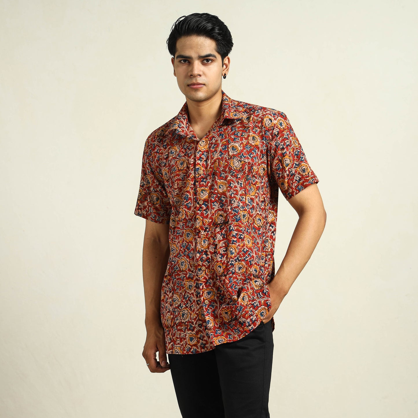 Buy Kalamkari Block Printed Cotton Men Half Sleeve Shirt 04 Online at iTokri.com