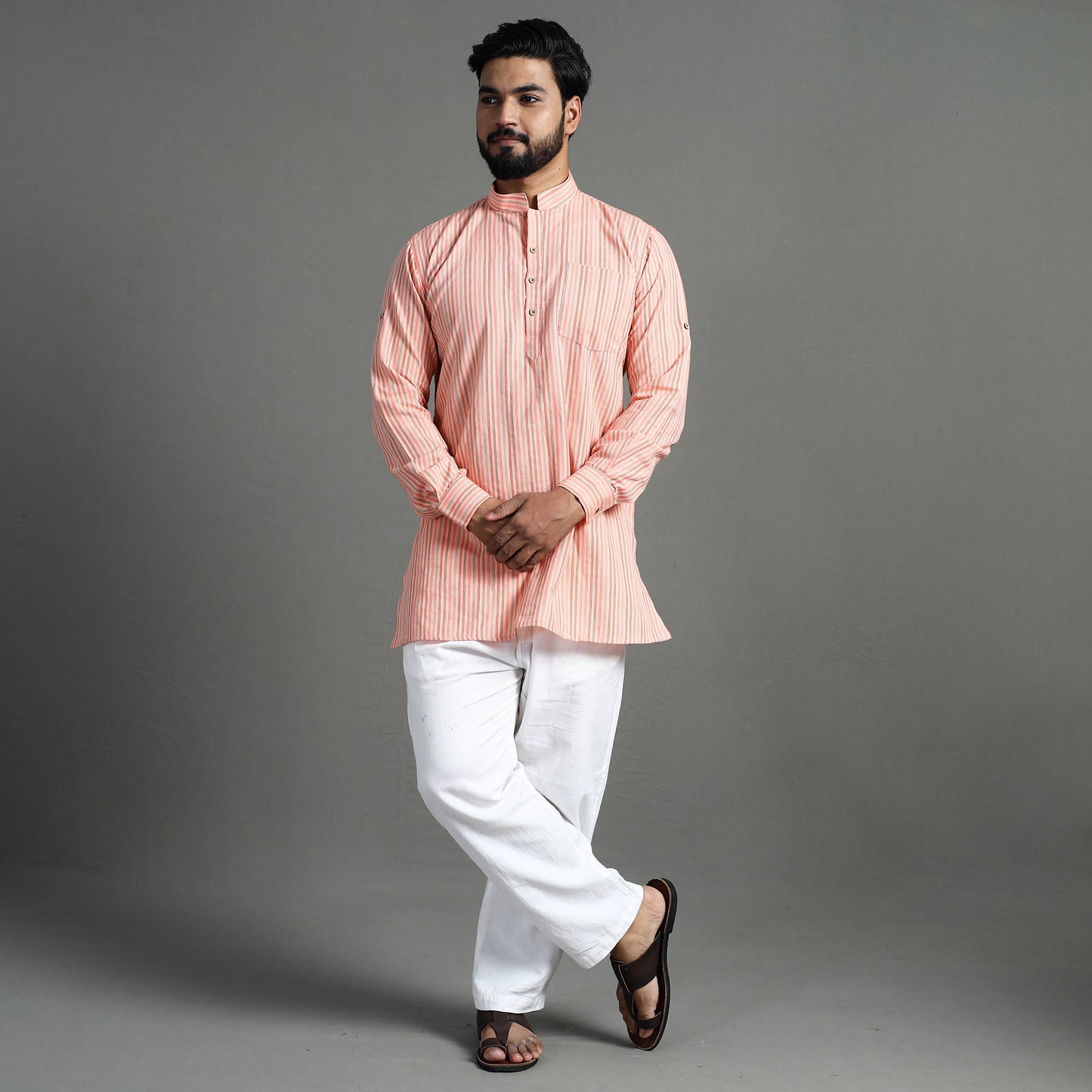 Buy Handloom Cotton Stripe Men Short Kurta Online at iTokri.com