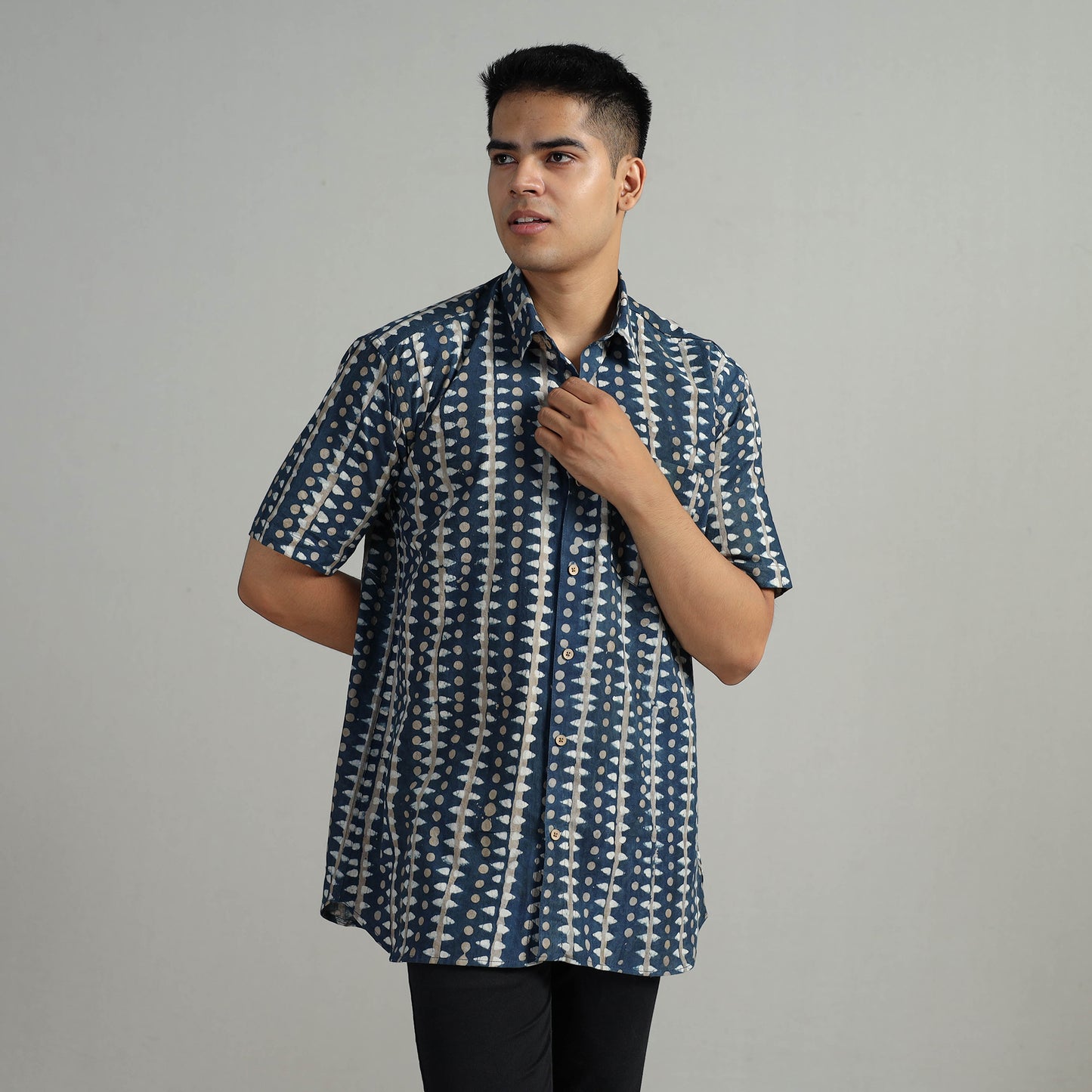 Blue - Indigo Block Printed Cotton Men Half Sleeve Shirt 07