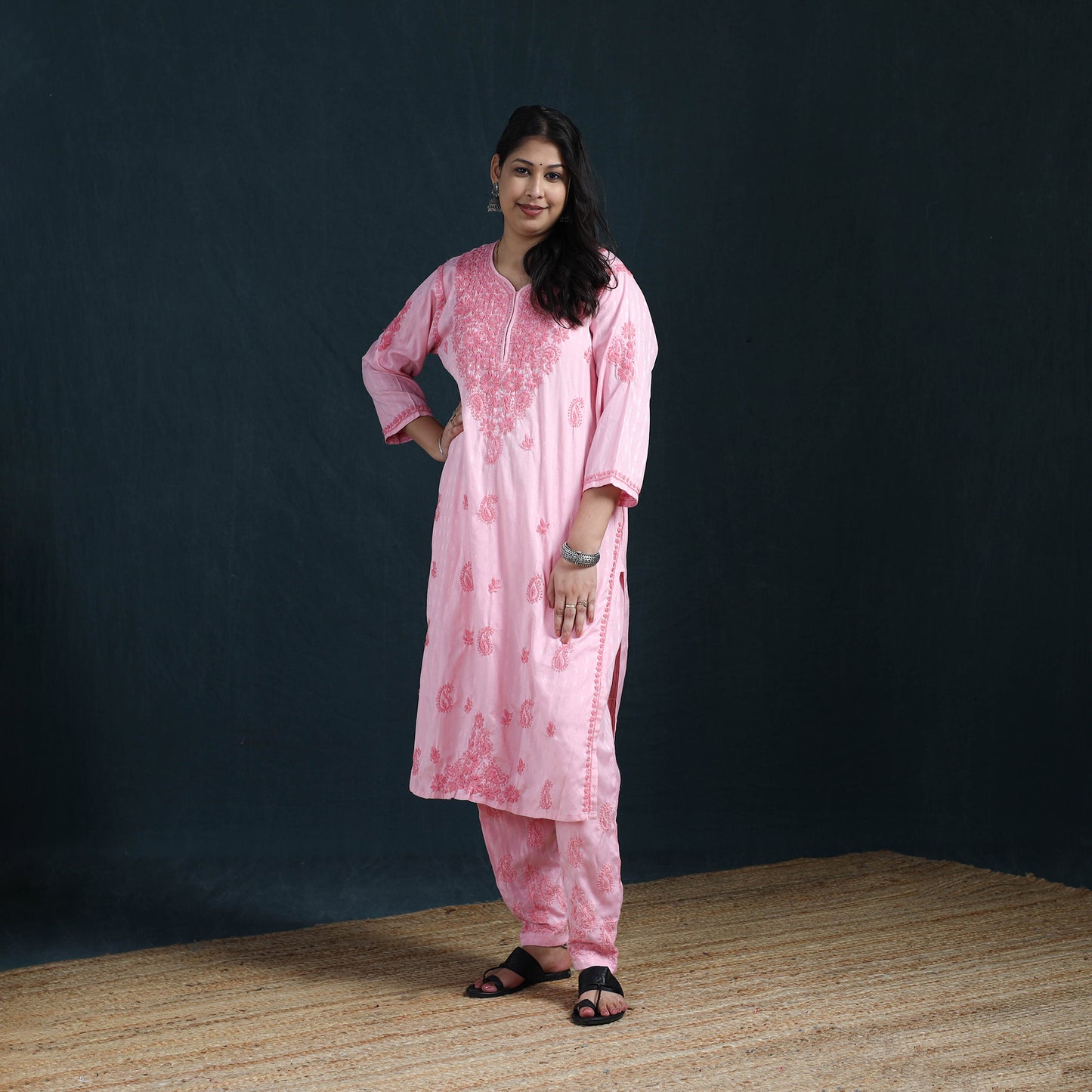 Pink - Hand Embroidered Rayon Cotton Chikankari Kurta with Pant Set for Women 18