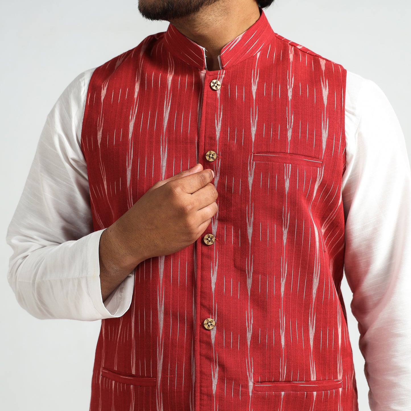Red - Pochampally Ikat Cotton Men Nehru Jacket