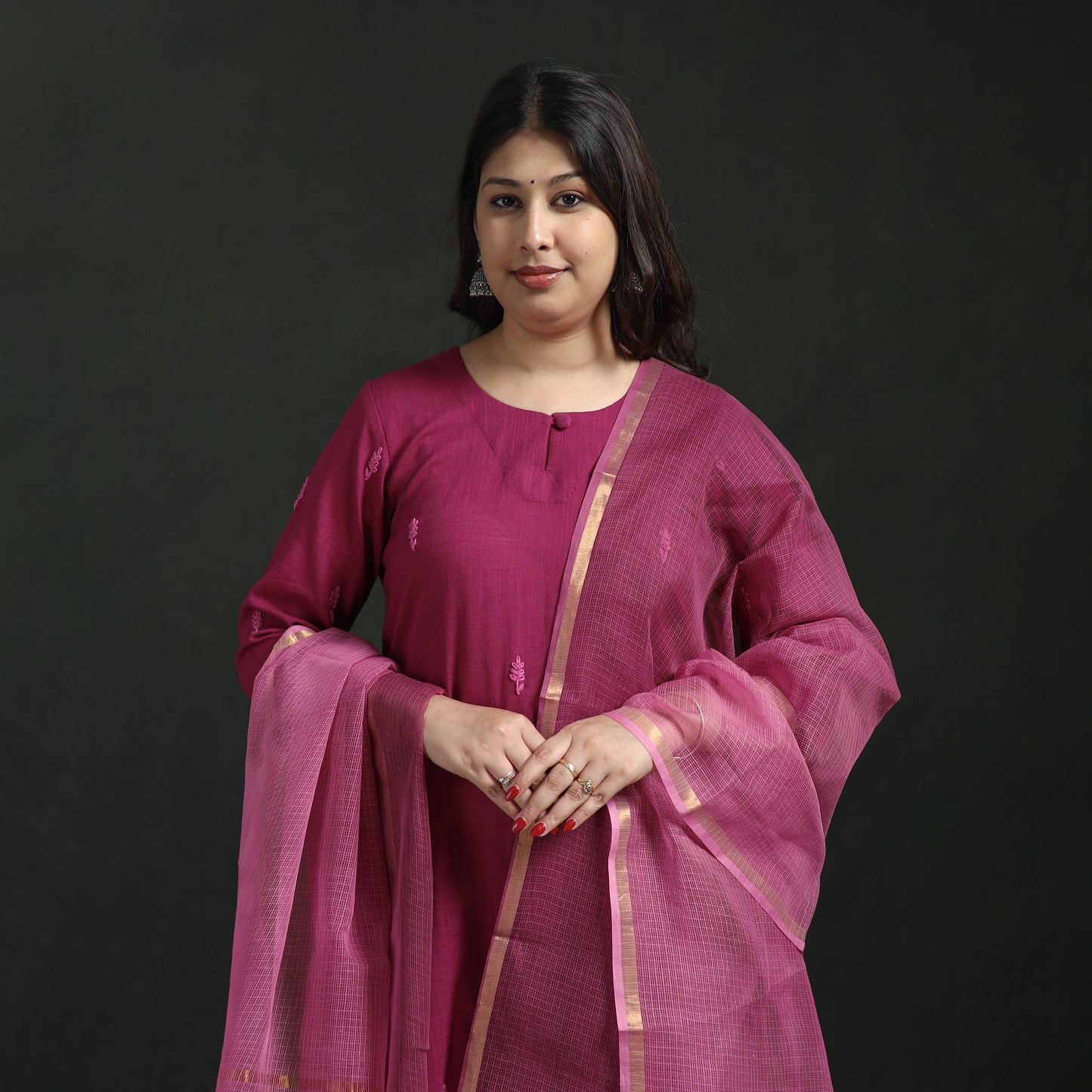 Plain Slub Cotton Hand Embroidered Suit Set with Dupatta for women 14