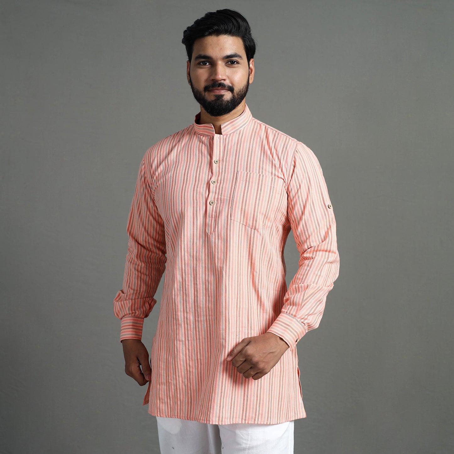 Buy Handloom Cotton Stripe Men Short Kurta Online at iTokri.com