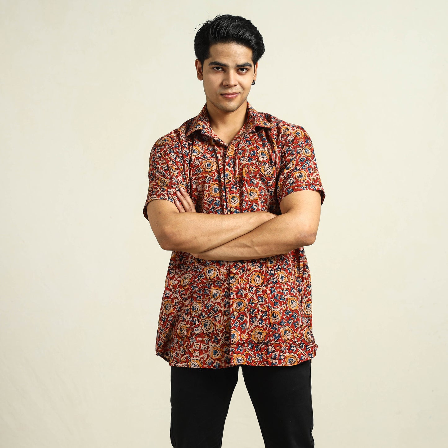 Buy Kalamkari Block Printed Cotton Men Half Sleeve Shirt 04 Online at iTokri.com