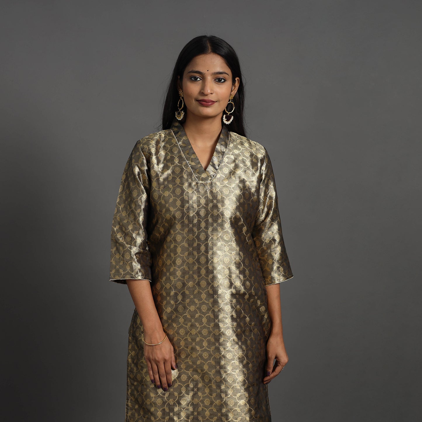 Grey Cutwork Tissue Zari Jaal Banarasi Silk Kurta for Women