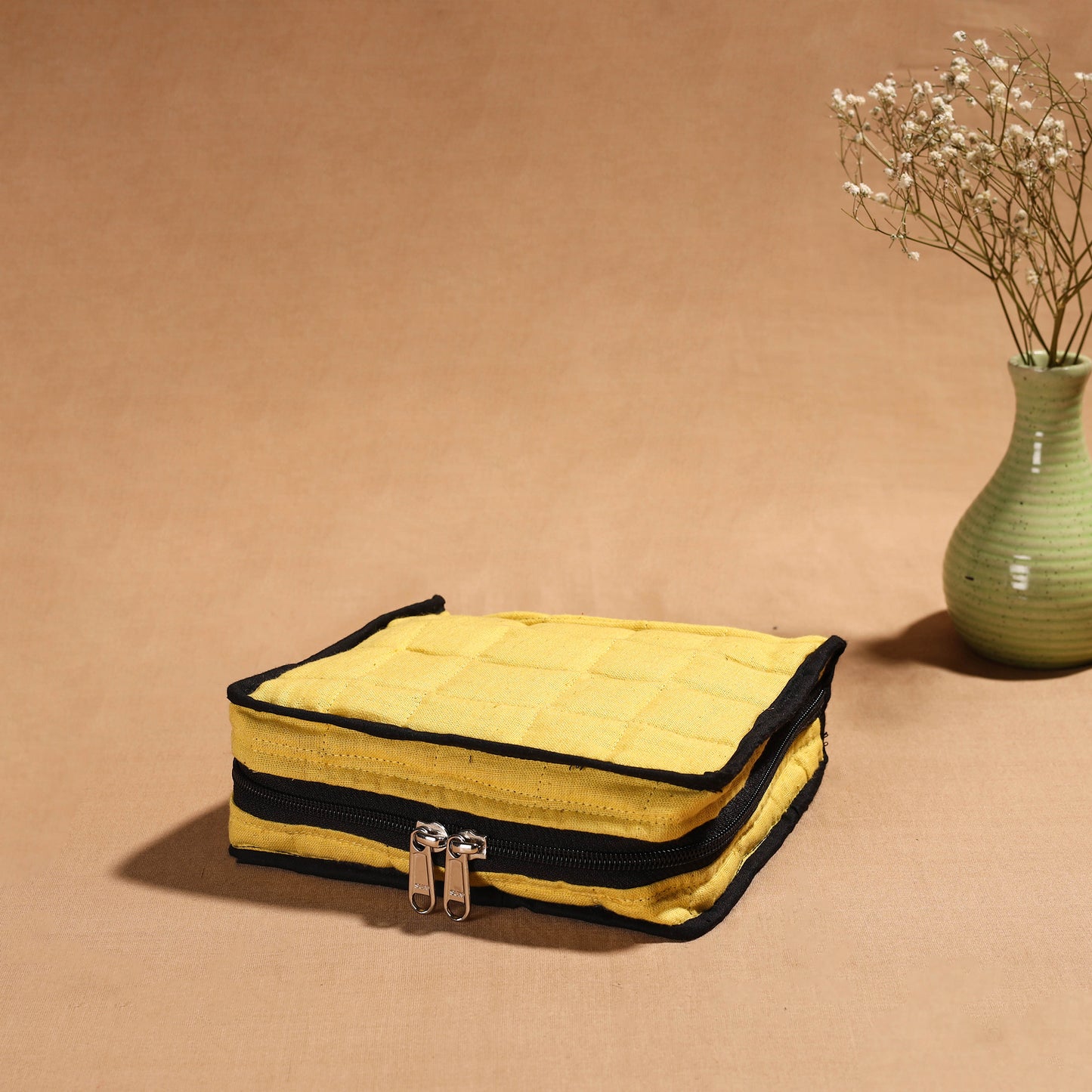 Yellow Handmade 4 Pockets Cotton Jewellery Bag