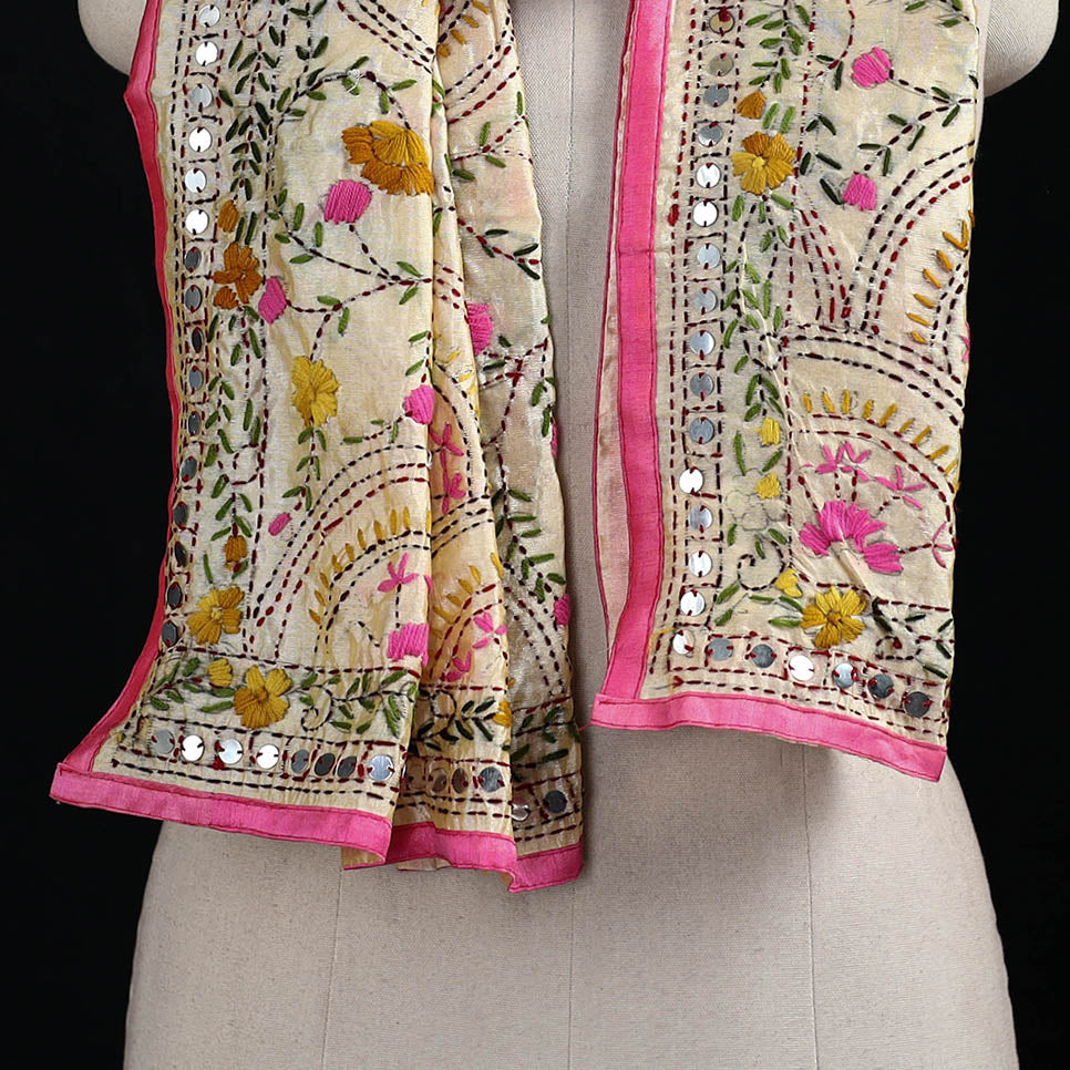 Beige - Ranihati Chanderi Silk Hand Embroidered Stole 02