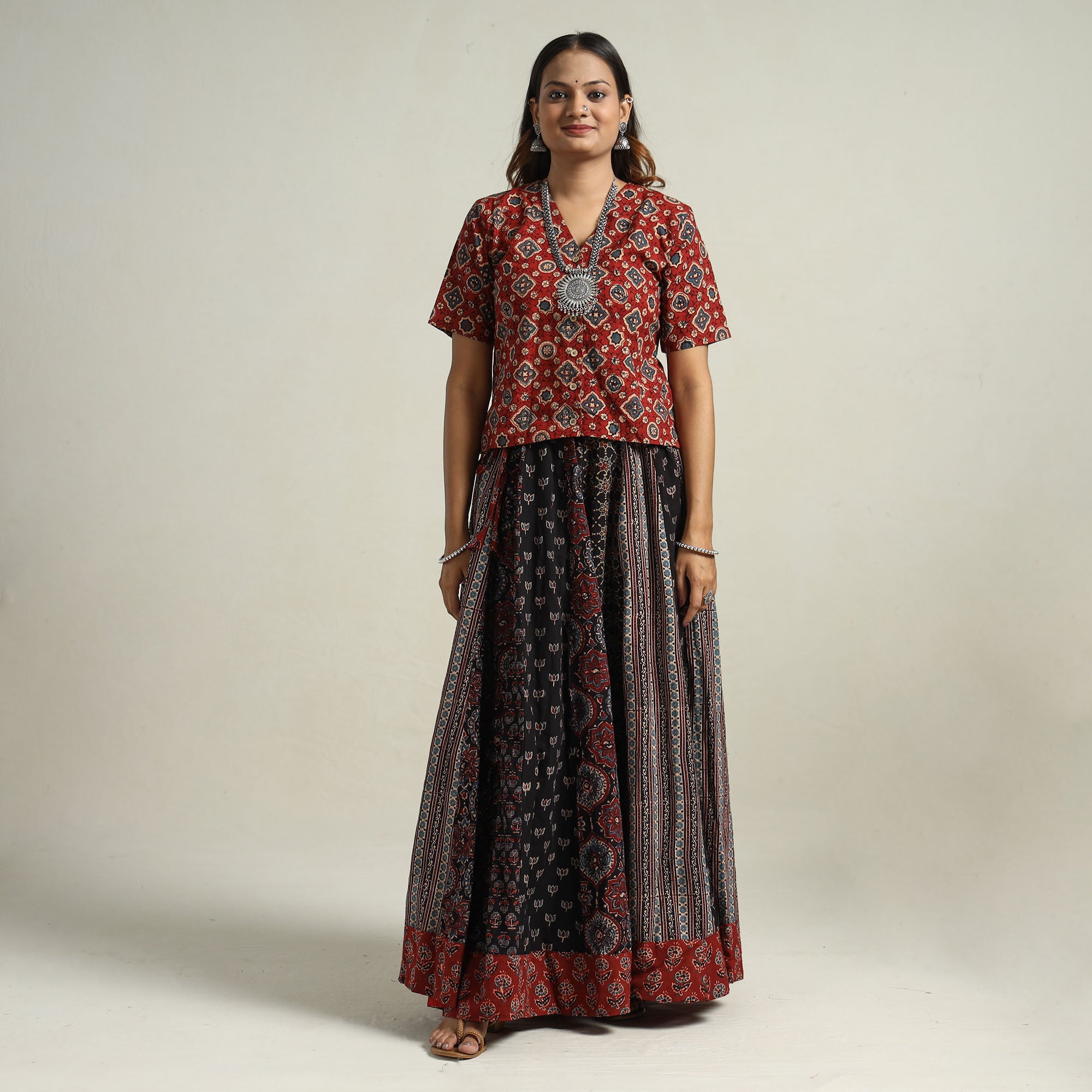 Multicolor - 24 Kali Patchwork Block Print Cotton Ajrakh Skirt 18 main image 0
