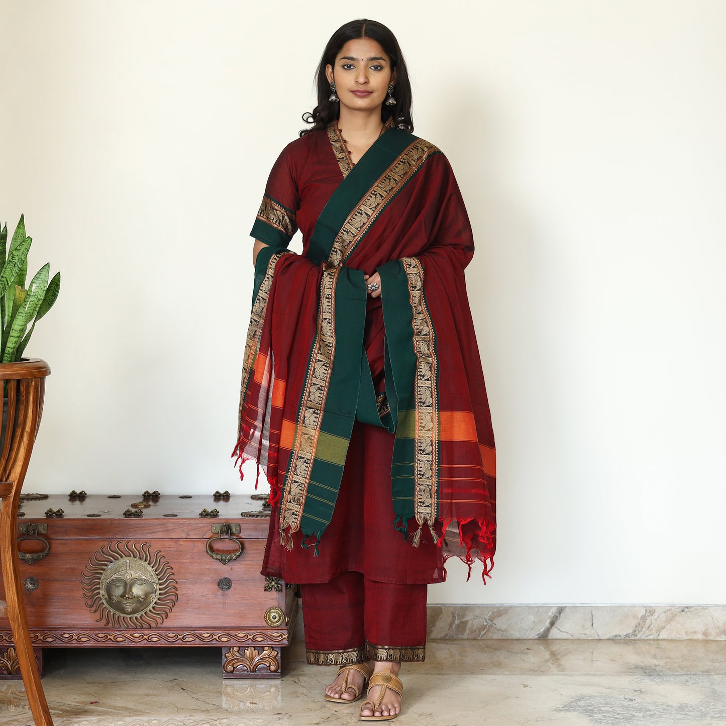 Maroon - Dharwad Cotton Kurta with Palazzo & Dupatta Set 16