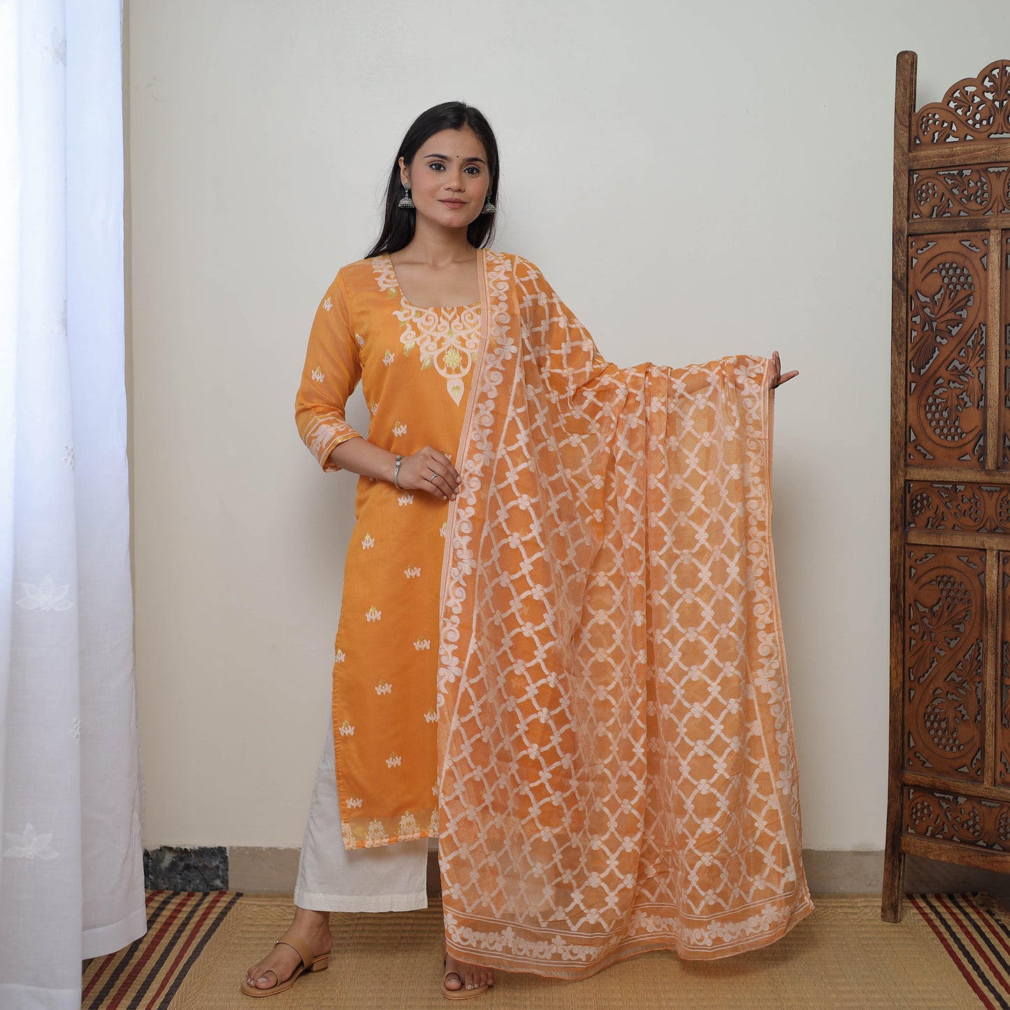 Bengal Jamdani Silk Cotton Kurta with Dupatta Set 01