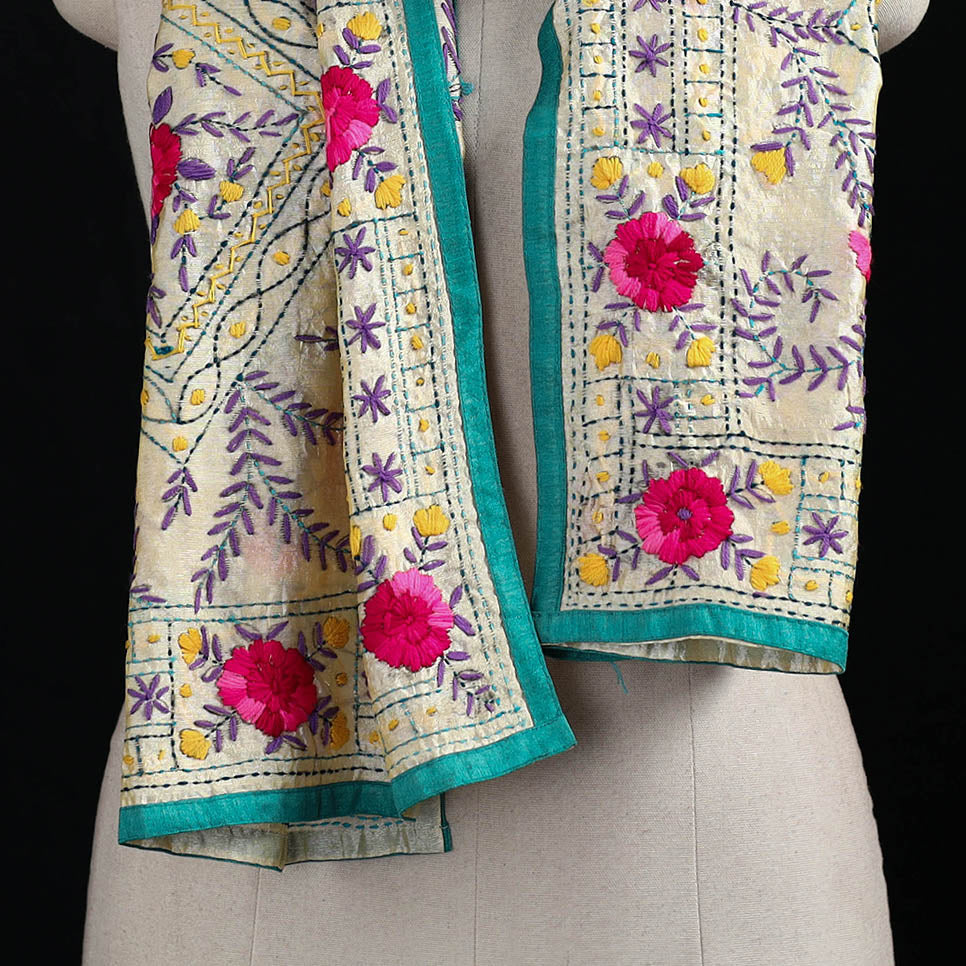 Beige - Ranihati Chanderi Silk Hand Embroidered Stole 08