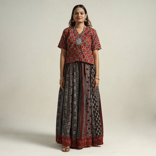 Ajrakh Block Printed 24 Kali Patchwork Cotton Long Skirt 08