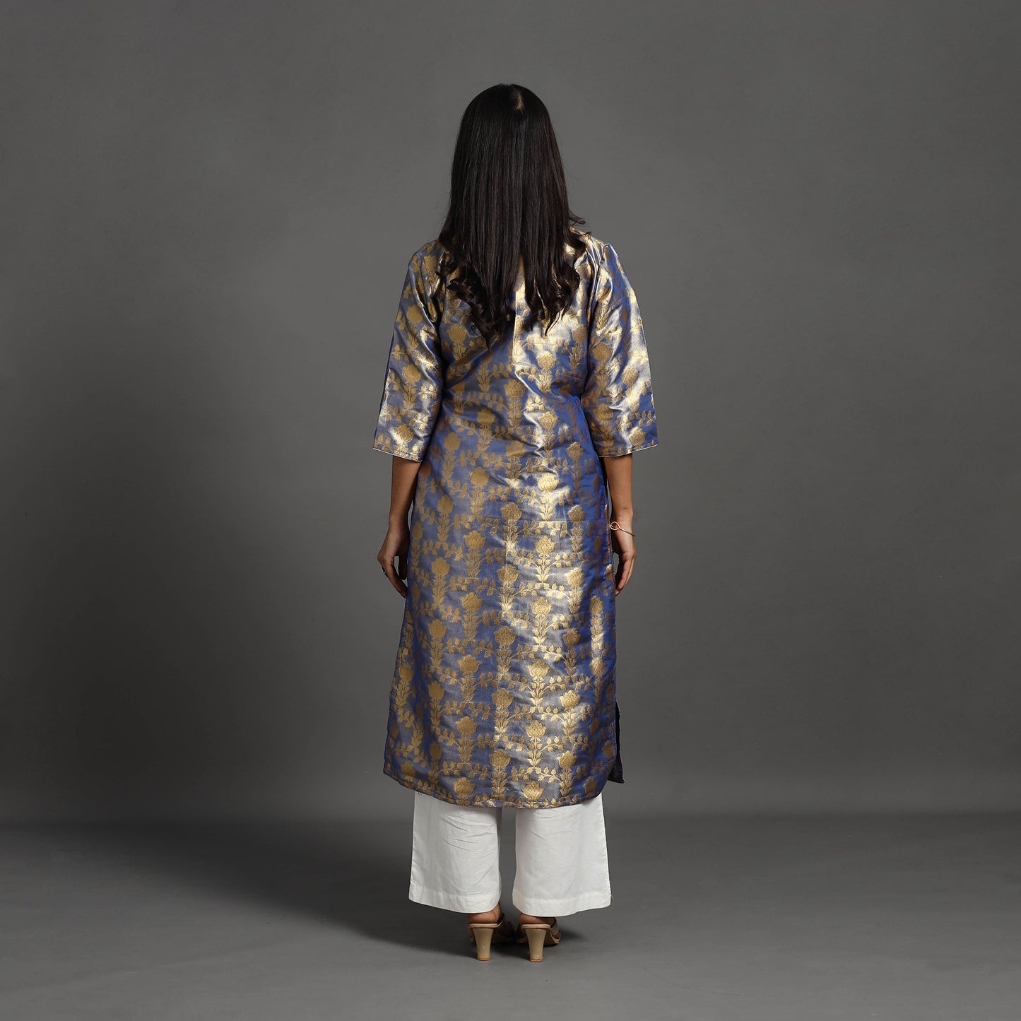 Blue Cutwork Tissue Zari Jaal Banarasi Silk Kurta for Women