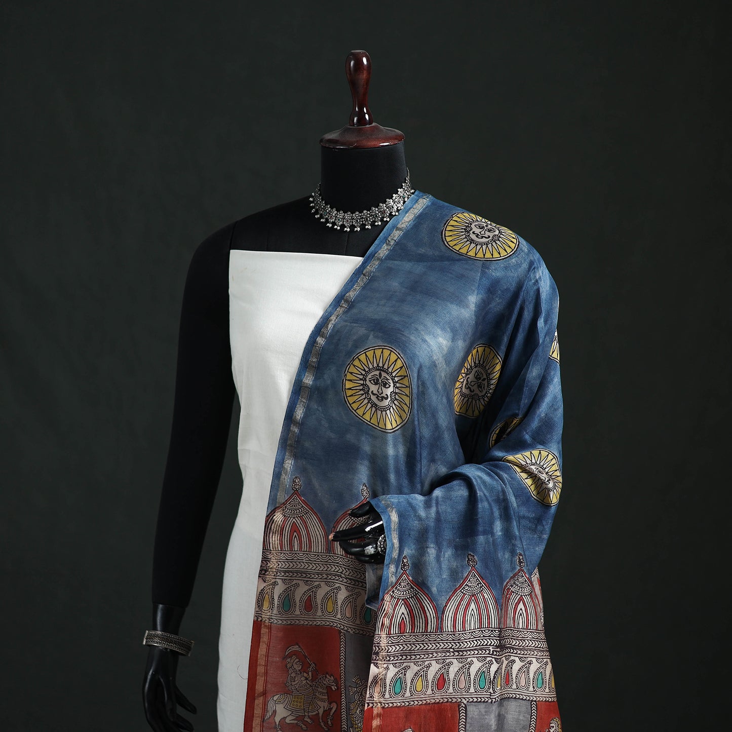 Multicolor - Mata Ni Pachedi Handpainted Natural Dyed Chanderi Silk Handloom Dupatta 26