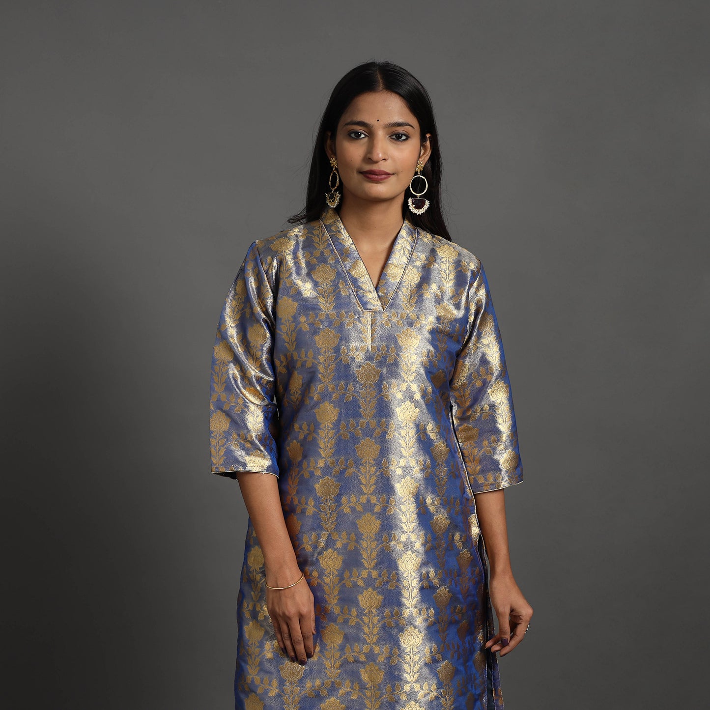 Blue Cutwork Tissue Zari Jaal Banarasi Silk Kurta for Women