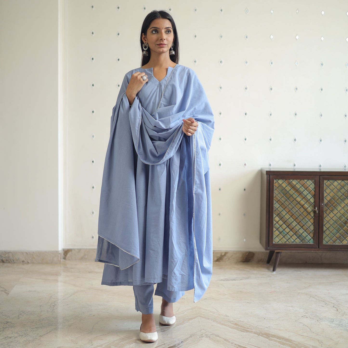 Gulnaaz Grey Cotton Flared Kurta with Palazzo & Dupatta Set