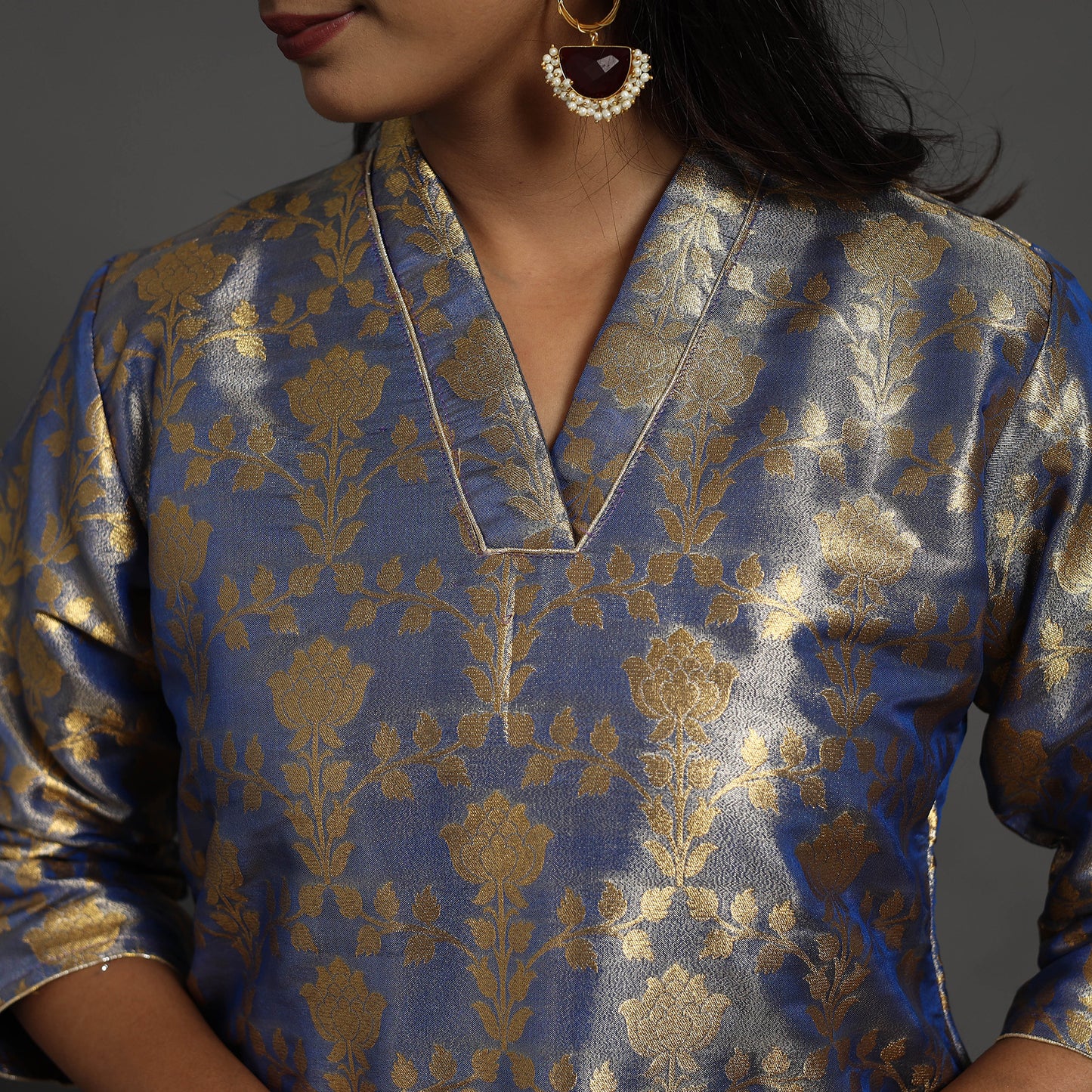 Blue Cutwork Tissue Zari Jaal Banarasi Silk Kurta for Women