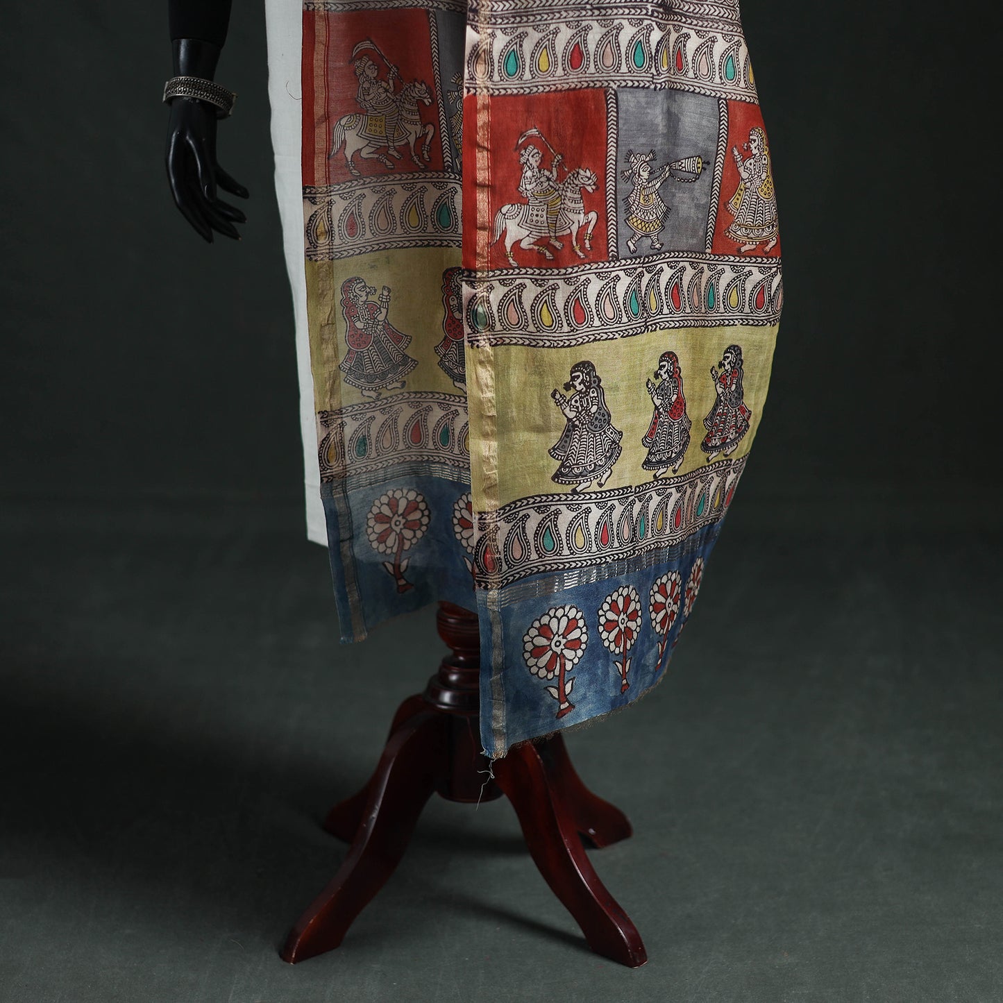 Multicolor - Mata Ni Pachedi Handpainted Natural Dyed Chanderi Silk Handloom Dupatta 26