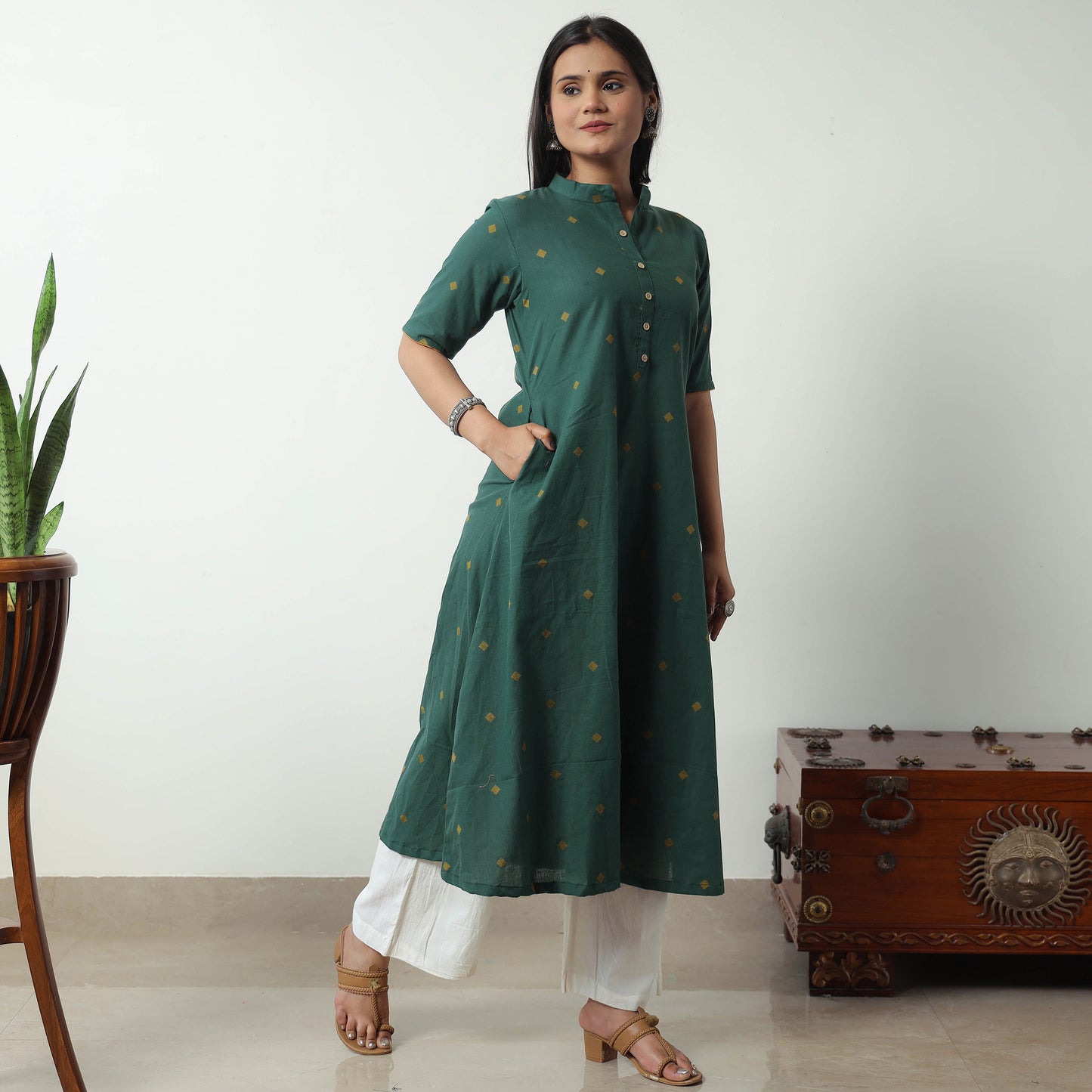 Green - Jacquard Cotton A-Line Kurta 18