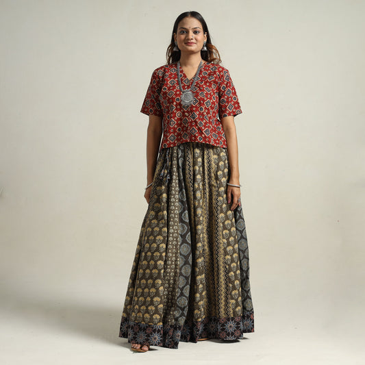 Ajrakh Block Printed 24 Kali Patchwork Cotton Long Skirt 09