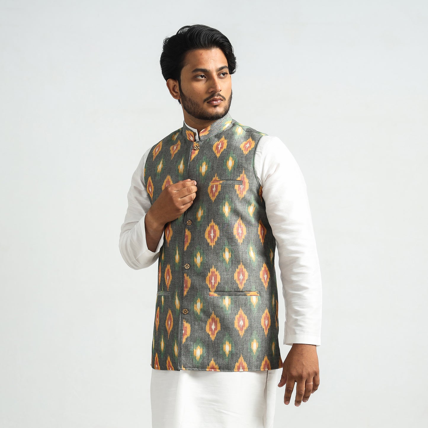 Grey - Pochampally Central Asian Ikat Handloom Cotton Men Nehru Jacket
