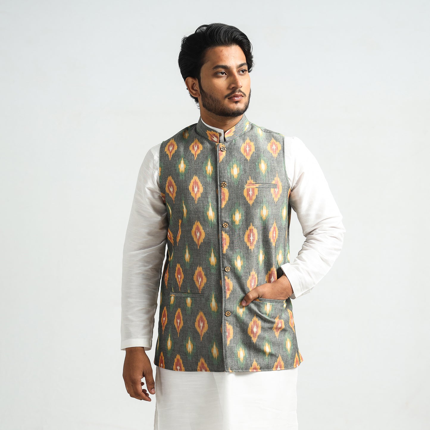 Grey - Pochampally Central Asian Ikat Handloom Cotton Men Nehru Jacket