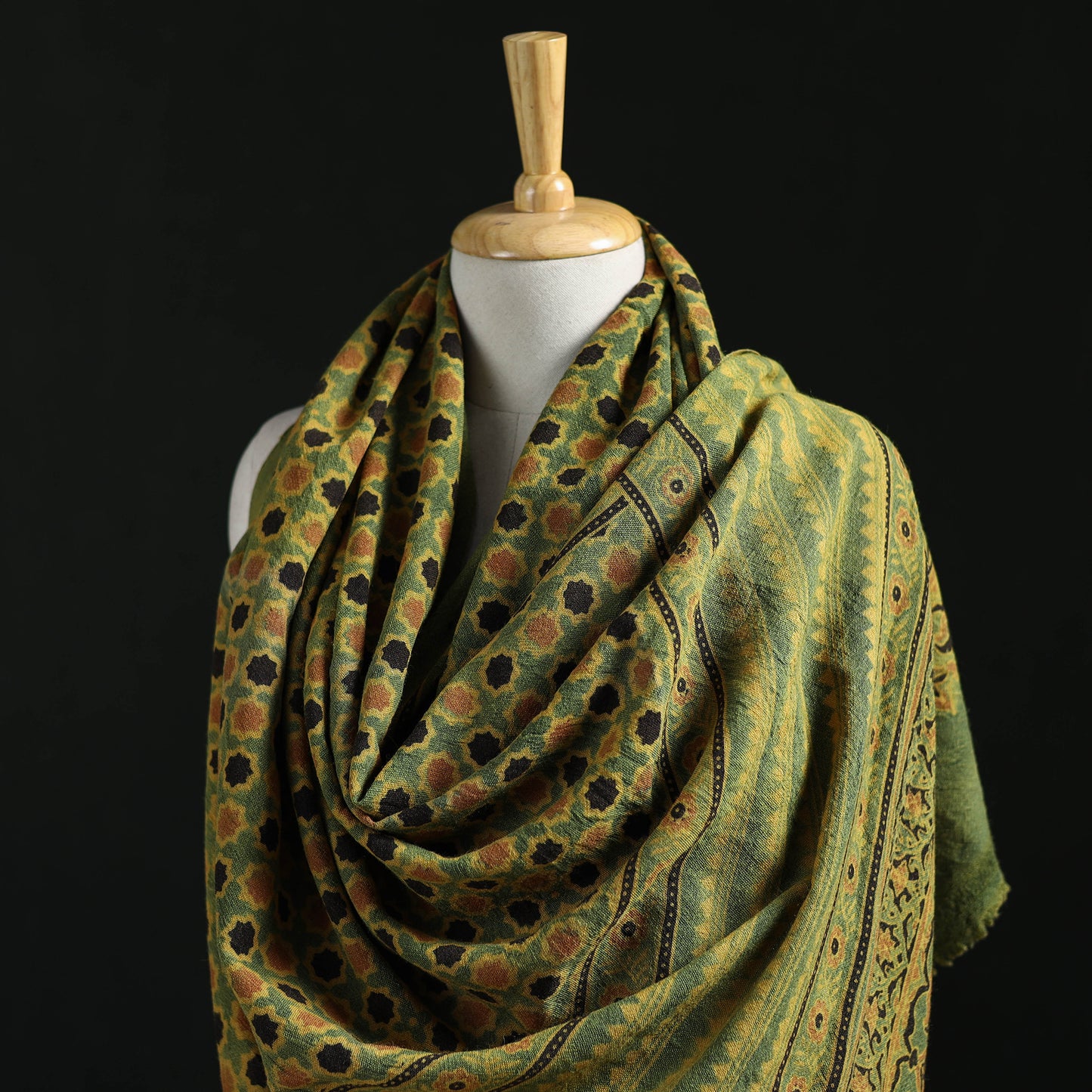Ajrakh Hand Block Print Natural Dyed Handwoven Acrylic Wool Shawl 34