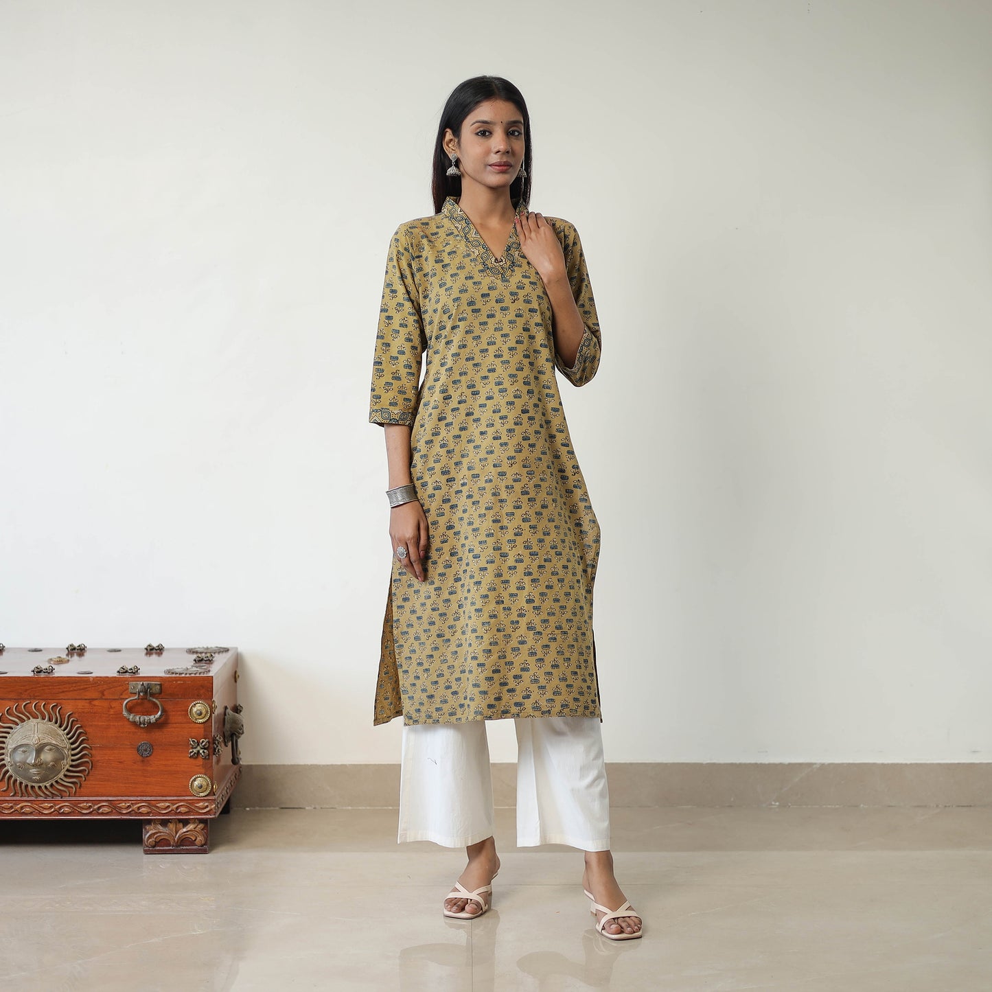 Yellow Block Printed Cotton Straight Ajrakh Kurta for Women