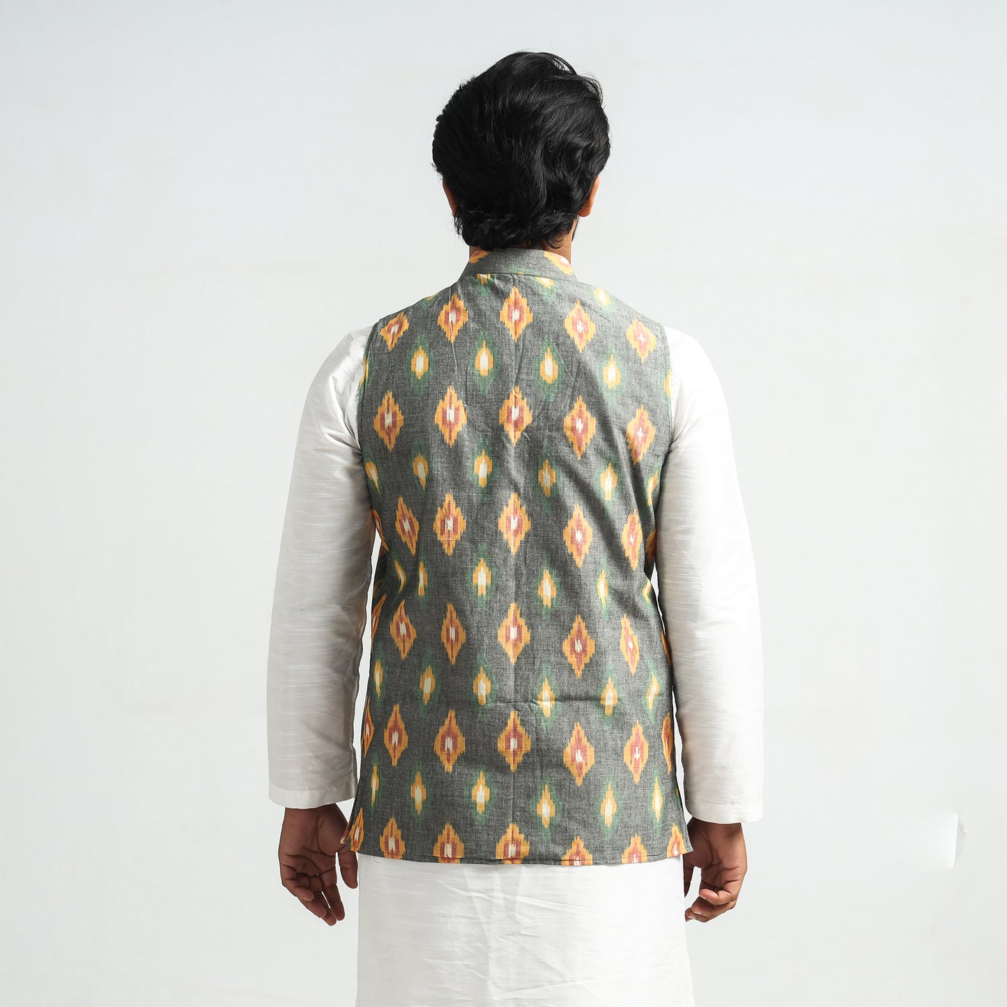 Grey - Pochampally Central Asian Ikat Handloom Cotton Men Nehru Jacket