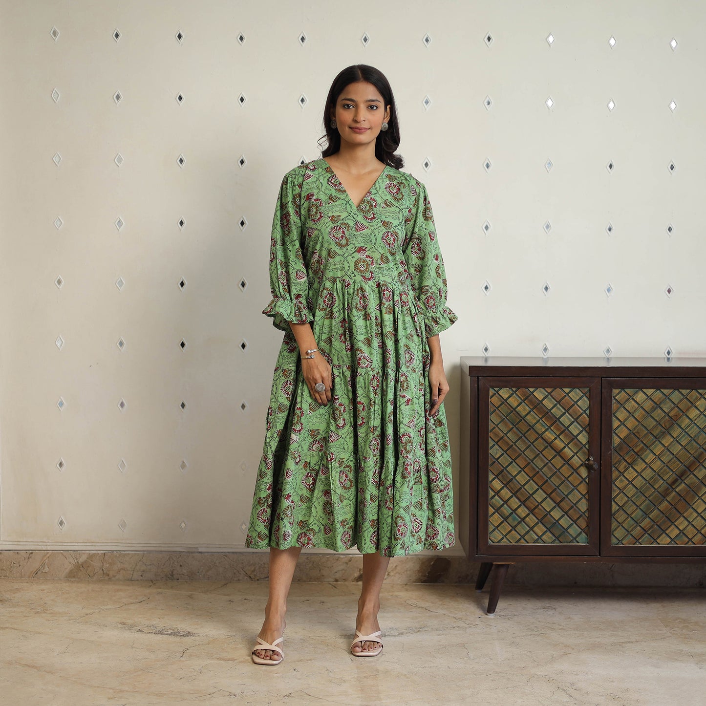 Buy Green Block Printed Cotton Flare Jahota Dress