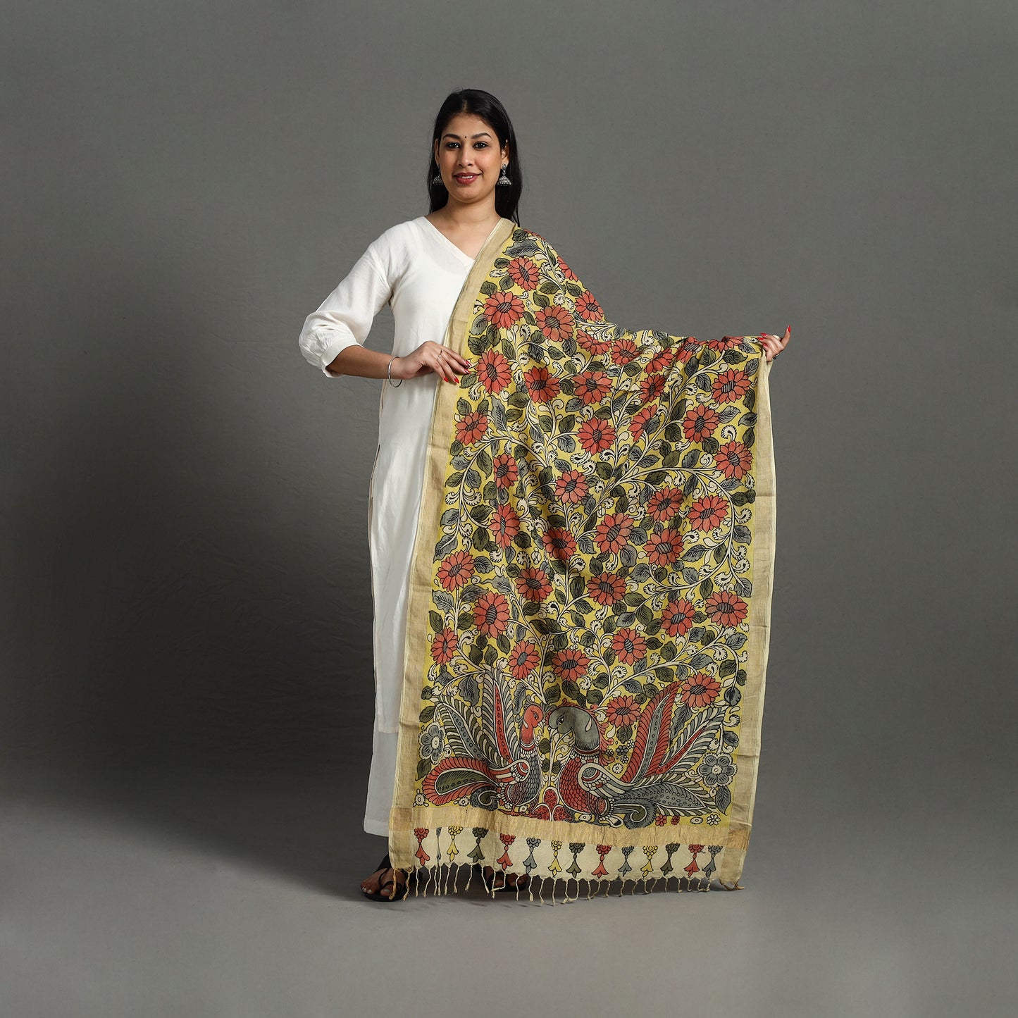 Yellow - mangalagiri cotton handpainted pen work kalamkari
