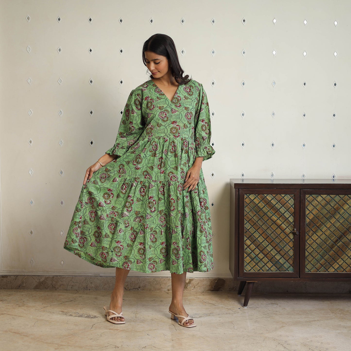Buy Green Block Printed Cotton Flare Jahota Dress