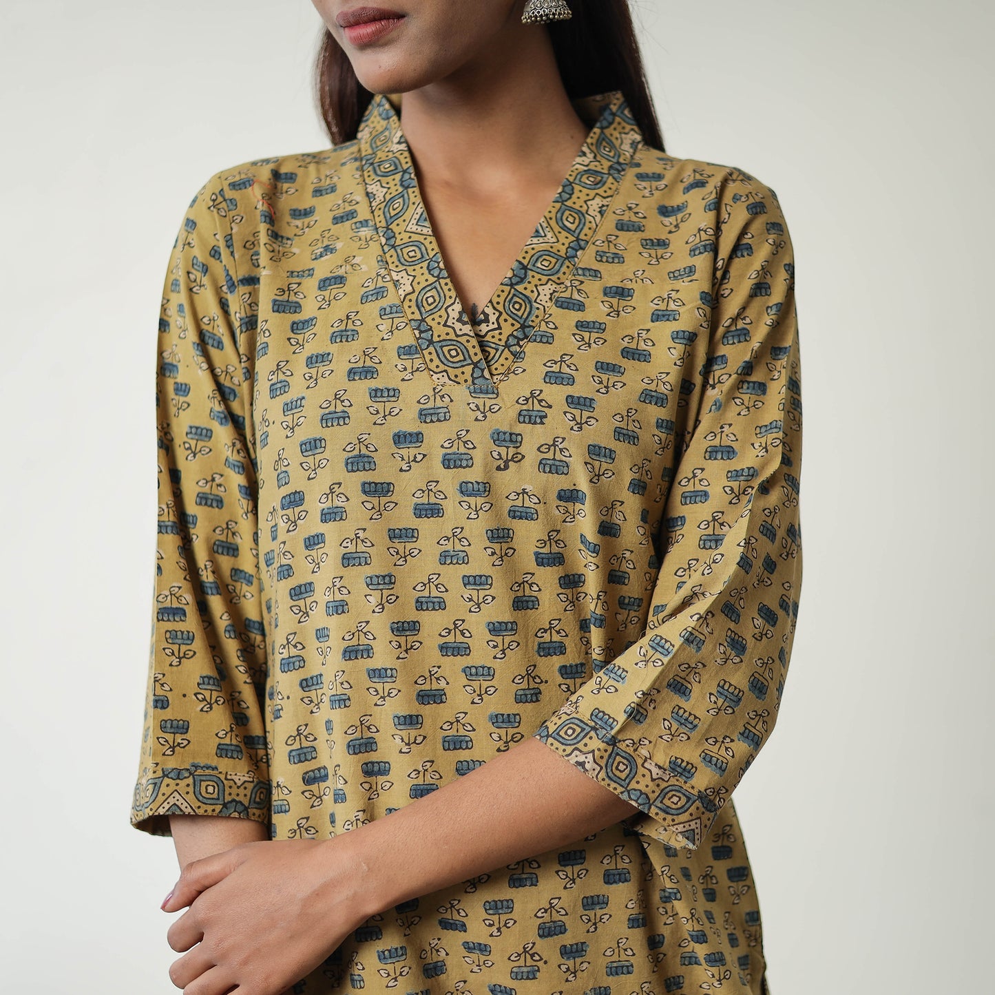 Yellow Block Printed Cotton Straight Ajrakh Kurta for Women