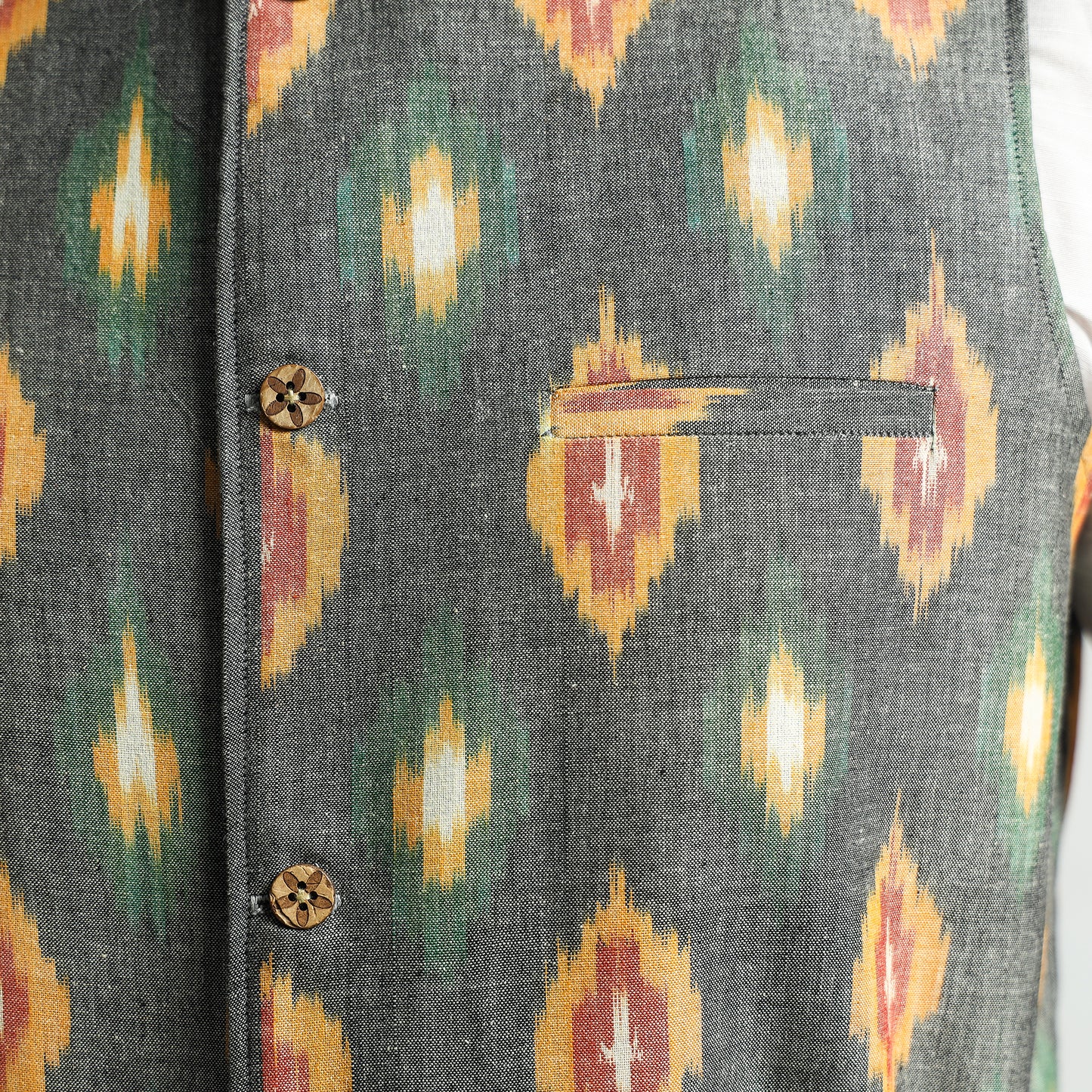 Grey - Pochampally Central Asian Ikat Handloom Cotton Men Nehru Jacket
