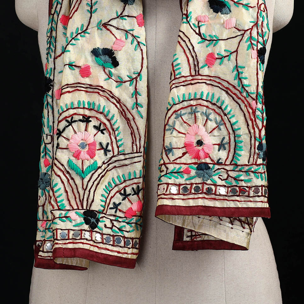 Beige - Ranihati Chanderi Silk Hand Embroidered Stole 23
