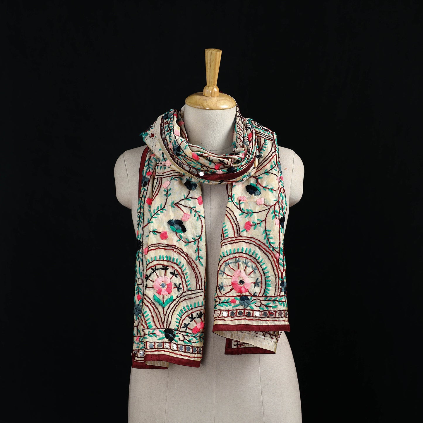 Beige - Ranihati Chanderi Silk Hand Embroidered Stole 23