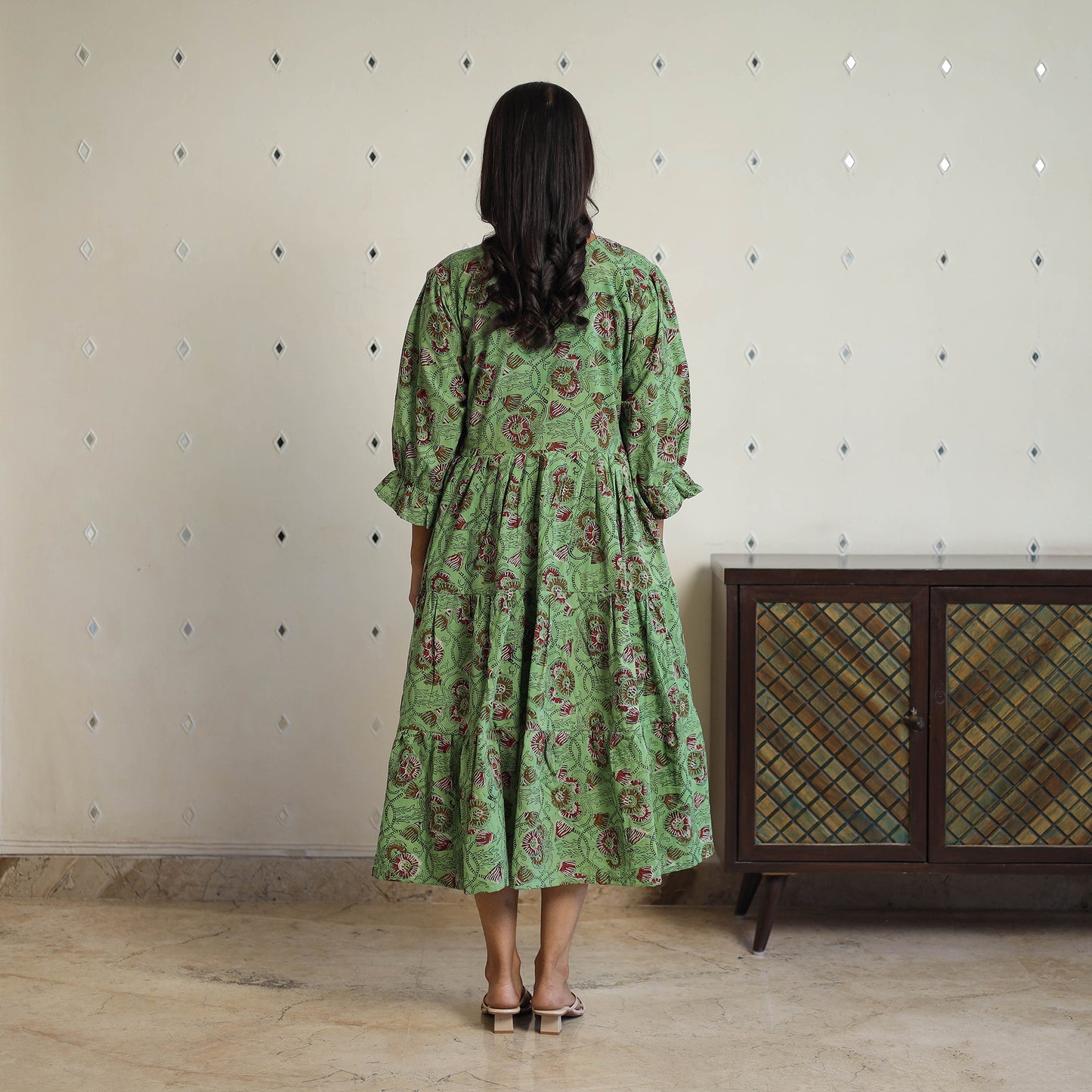 Buy Green Block Printed Cotton Flare Jahota Dress