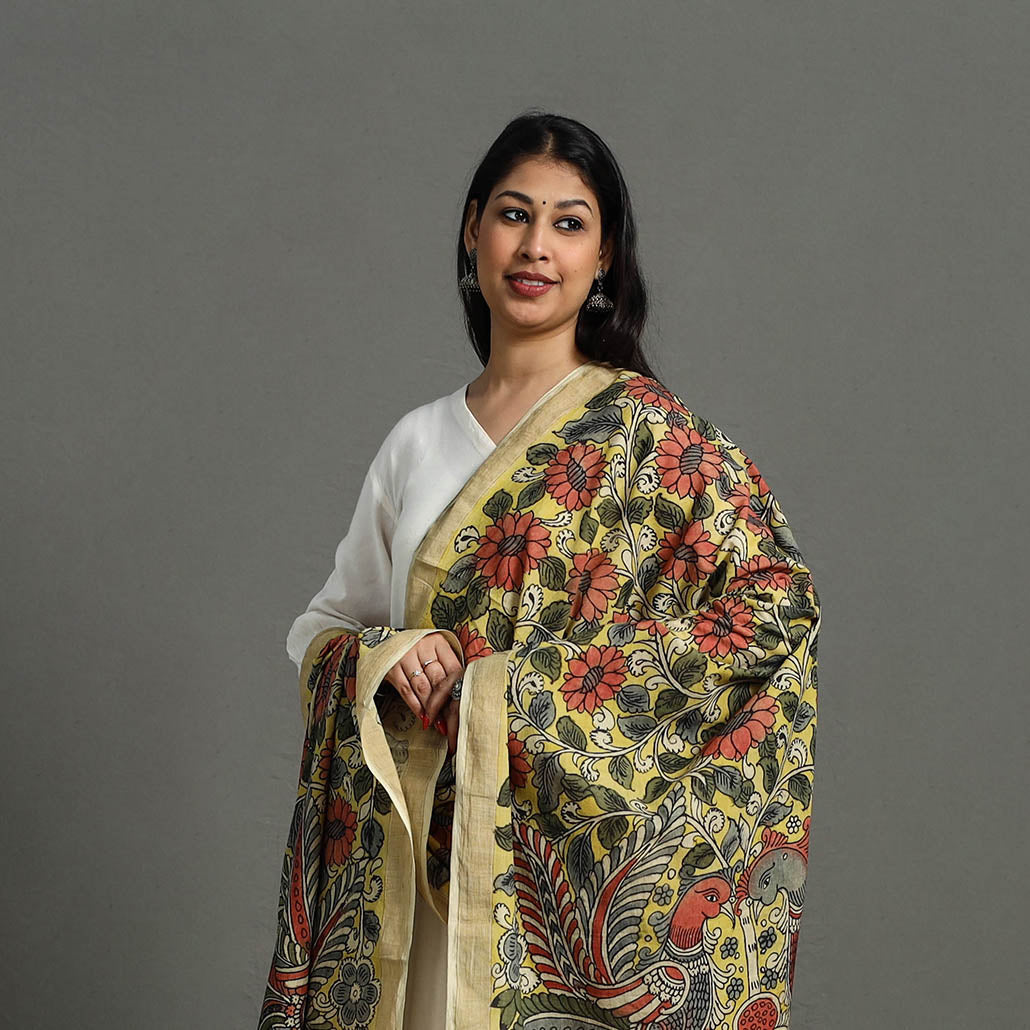 Yellow - mangalagiri cotton handpainted pen work kalamkari