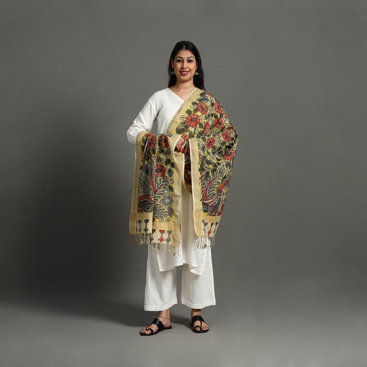 Yellow - mangalagiri cotton handpainted pen work kalamkari