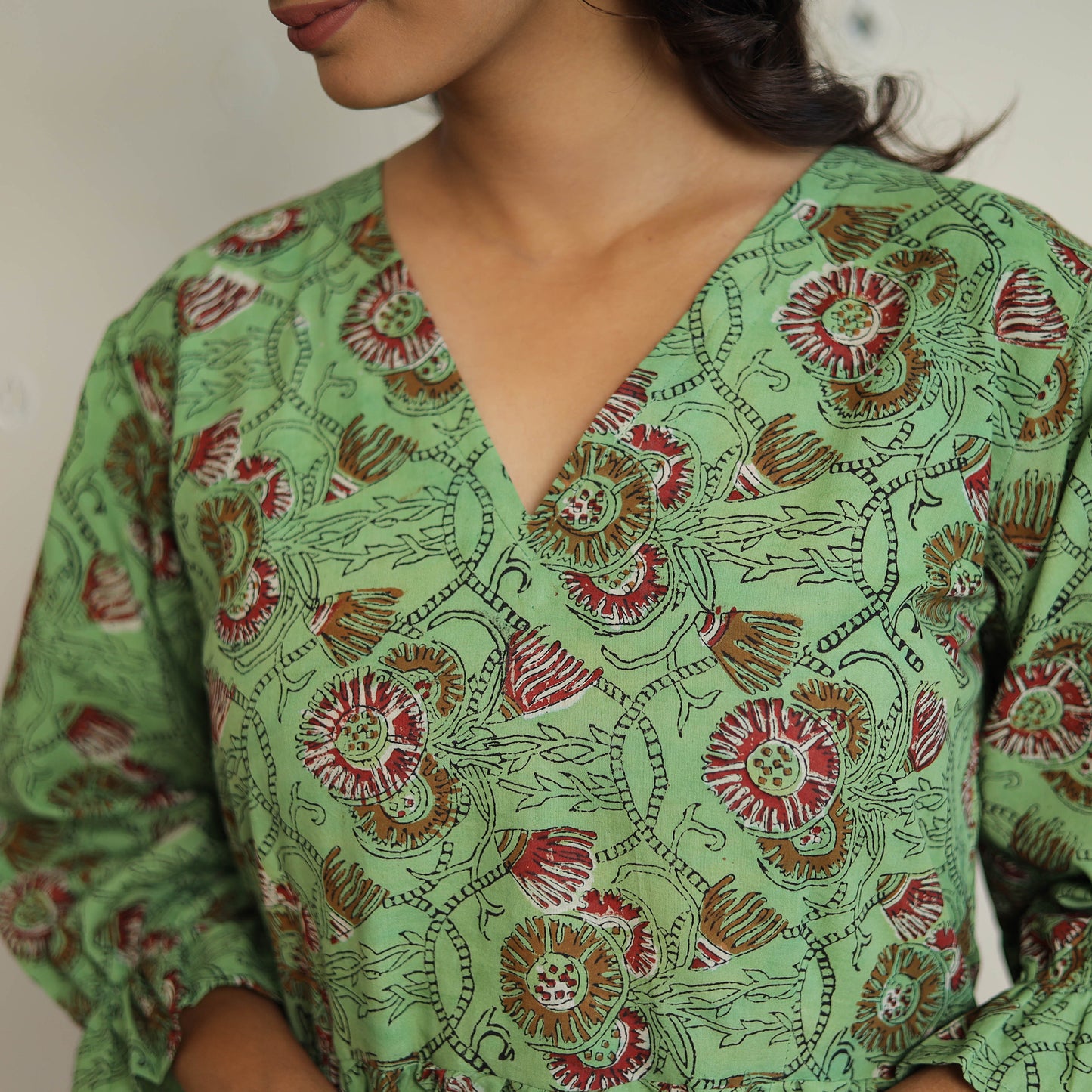 Buy Green Block Printed Cotton Flare Jahota Dress