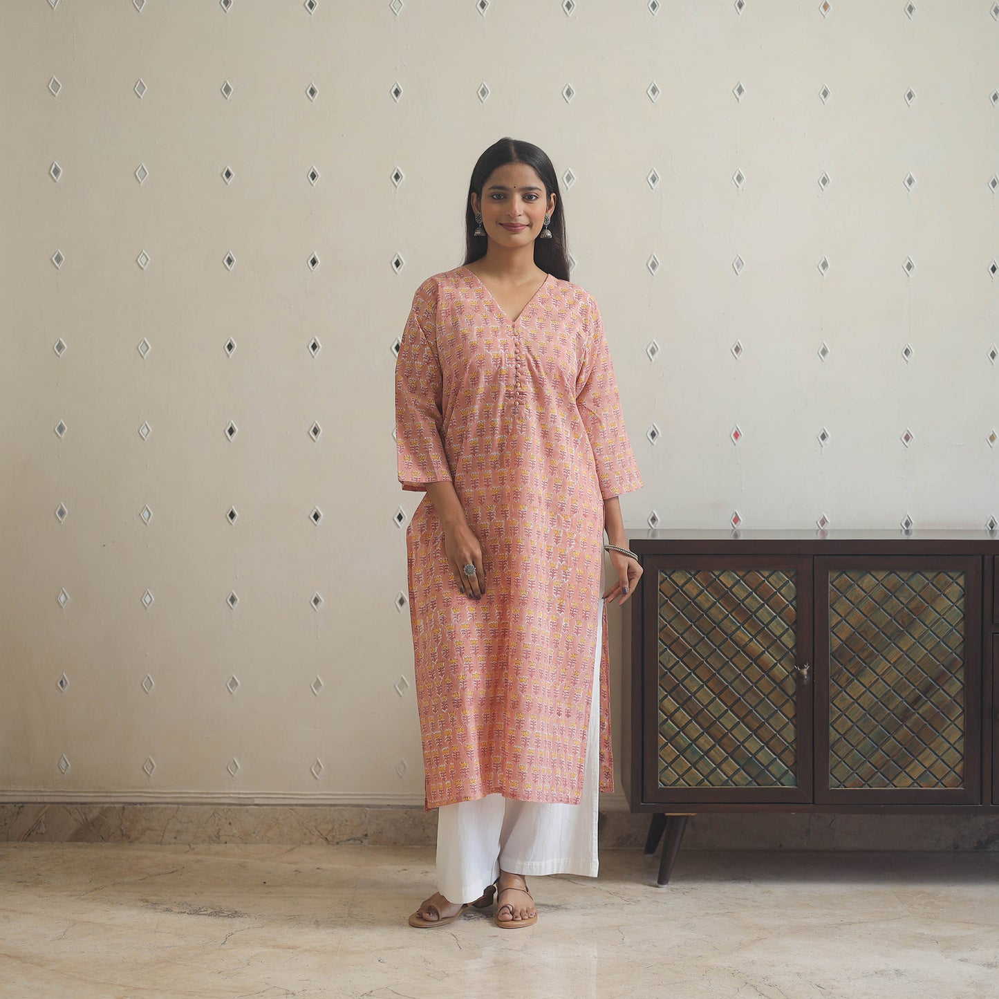 Peach Block Print Cotton Straight Sanganeri Kurta for Women