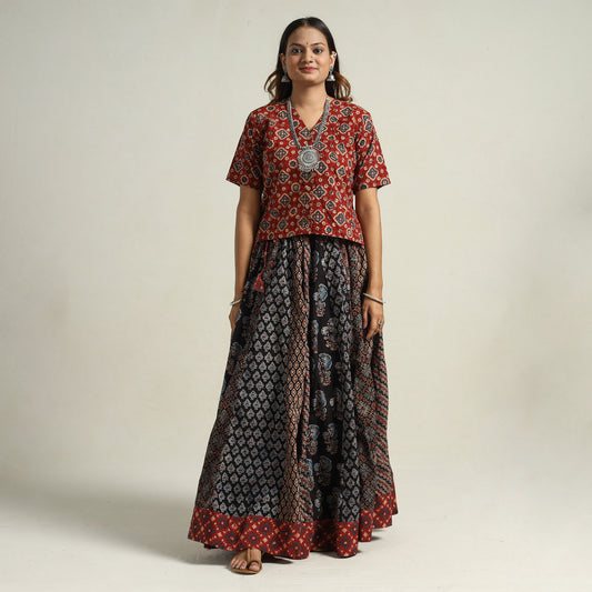 Ajrakh Block Printed 24 Kali Patchwork Cotton Long Skirt 11
