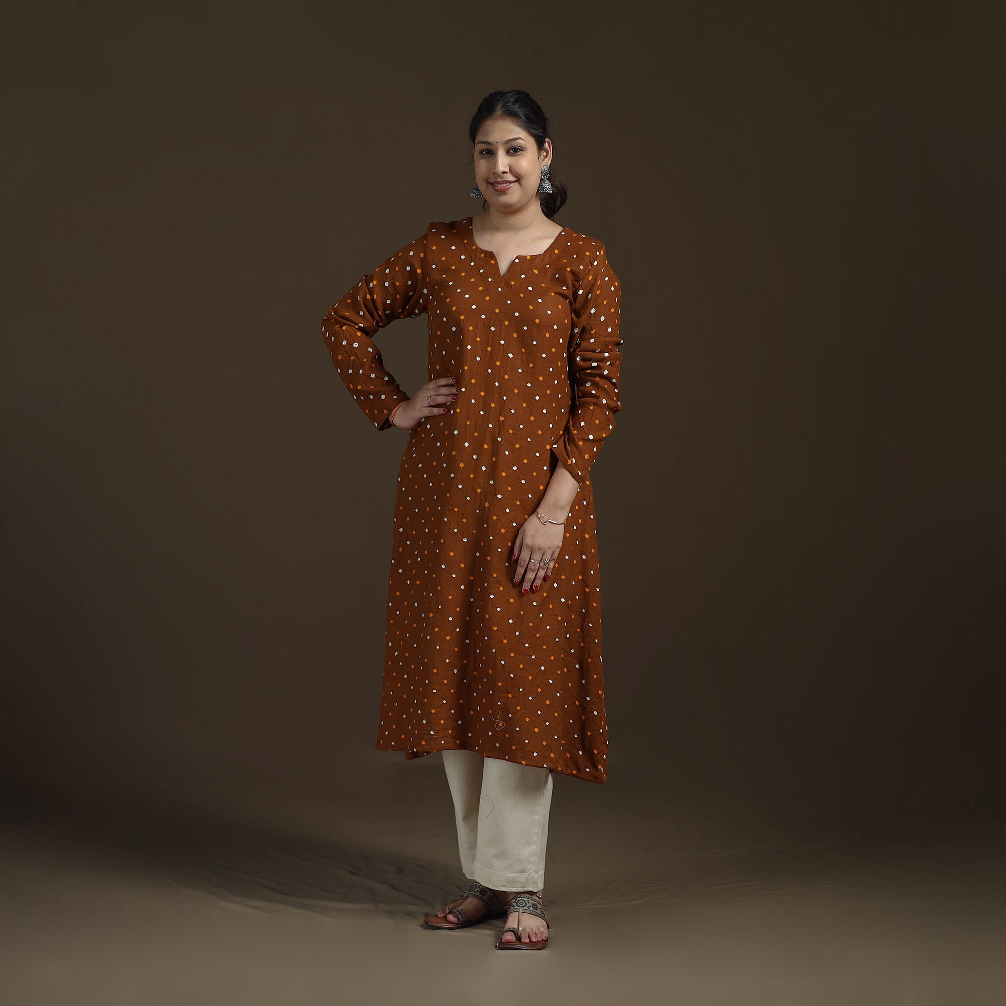 Brown - Bandhani Tie-Dye Cotton A-Line Kurta for women 02