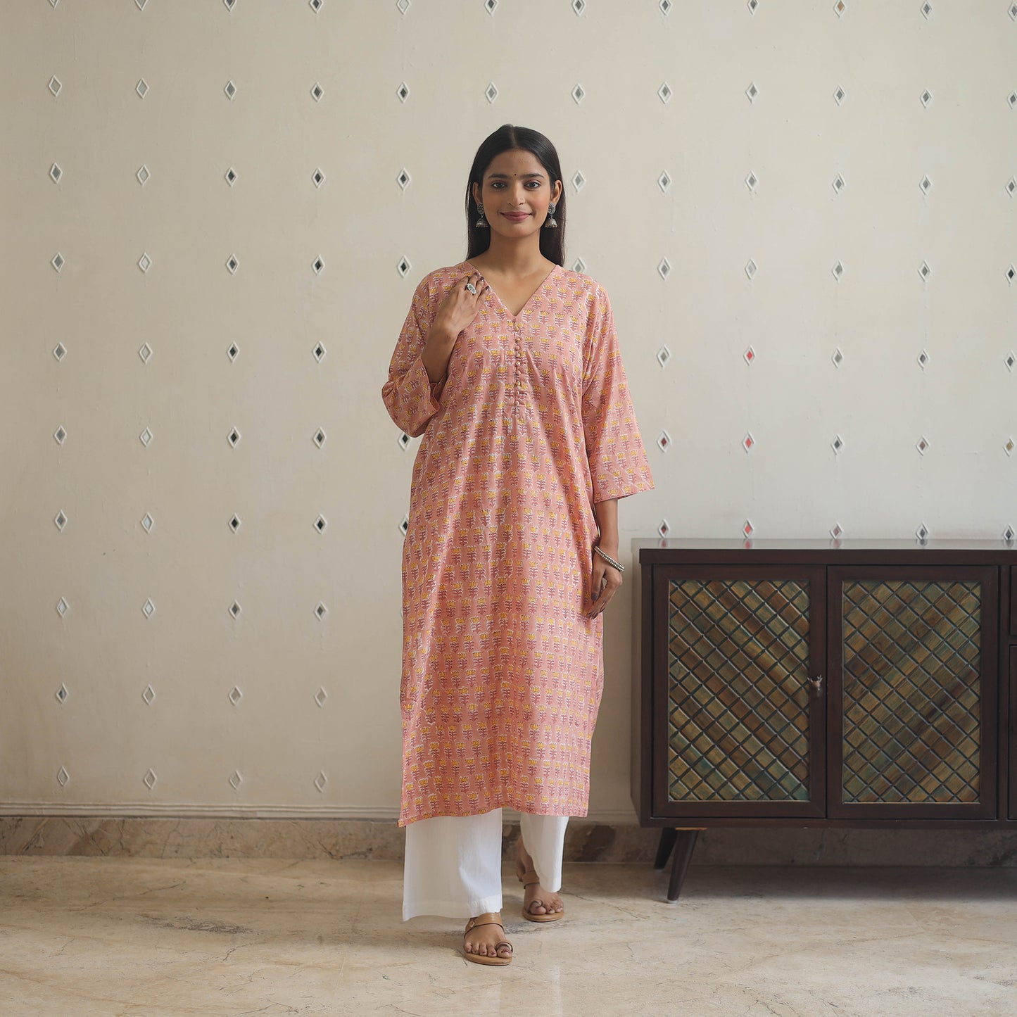 Peach Block Print Cotton Straight Sanganeri Kurta for Women